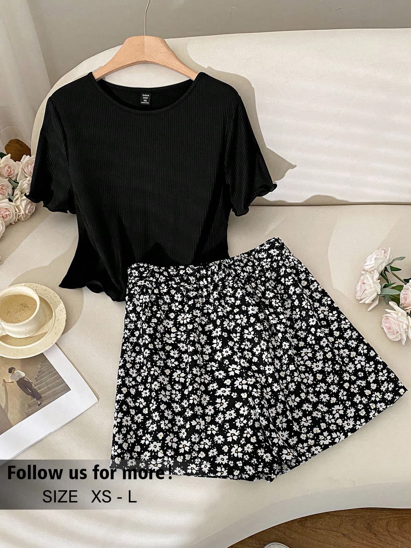 Story & Sage 2pcs Women's Casual Cute Floral Print Matching Set, Black Floral Short Sleeve T-Shirt And Shorts, Spring/Summer Two Piece Sets For Women Pant Vacation