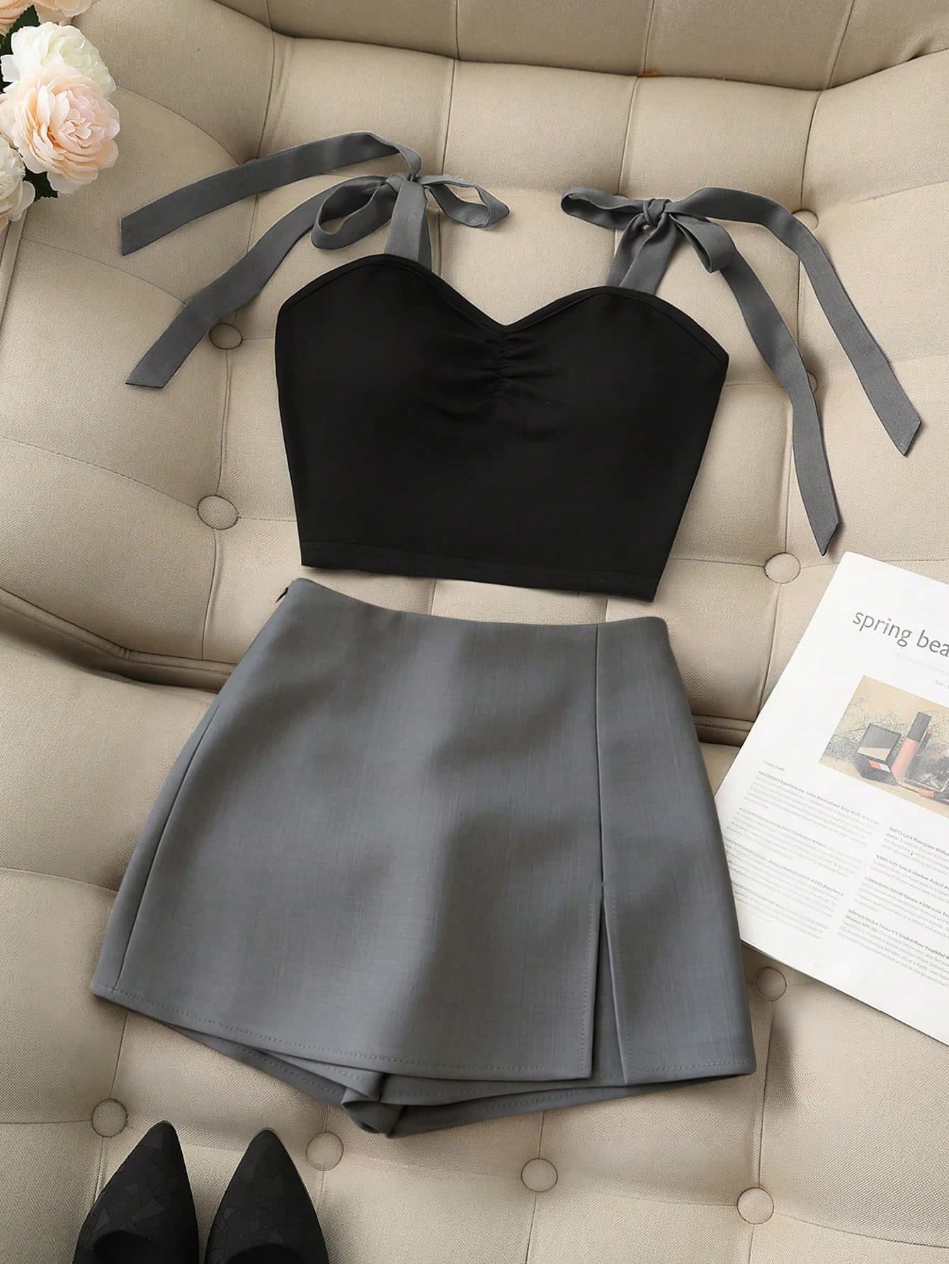 Franclia Women Elegant Grey Summer 2 Pieces Set, Contrast Color Bow Tie Front Pleated Cropped Camisole & Shorts Suit,Casual Night Out Vacation Outfit