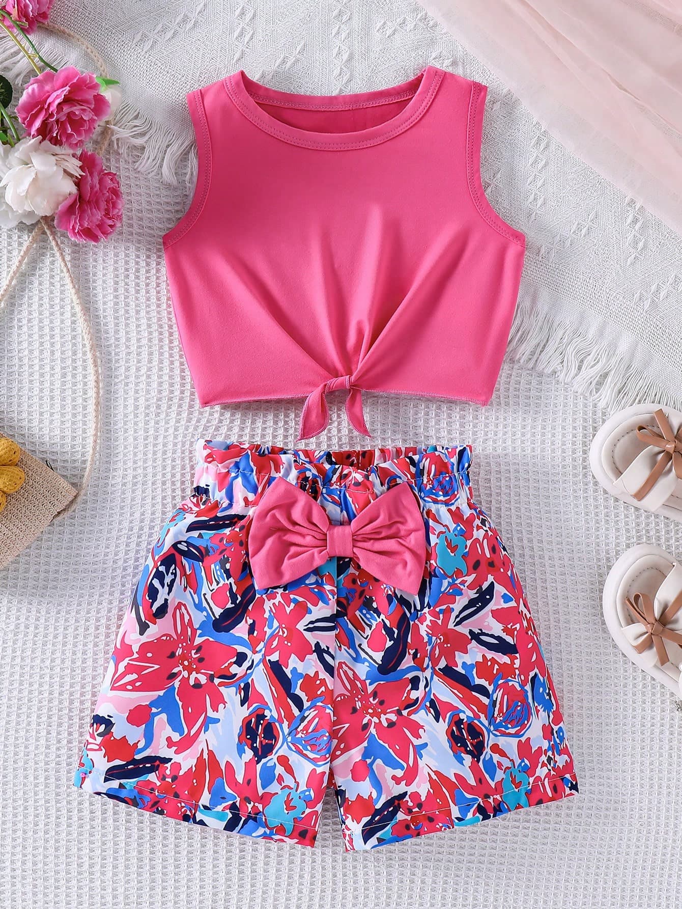 Genkimix Kids Young Girls Casual Sleeveless Top & Striped Shorts 2 Pieces Set With 3D Bow Design