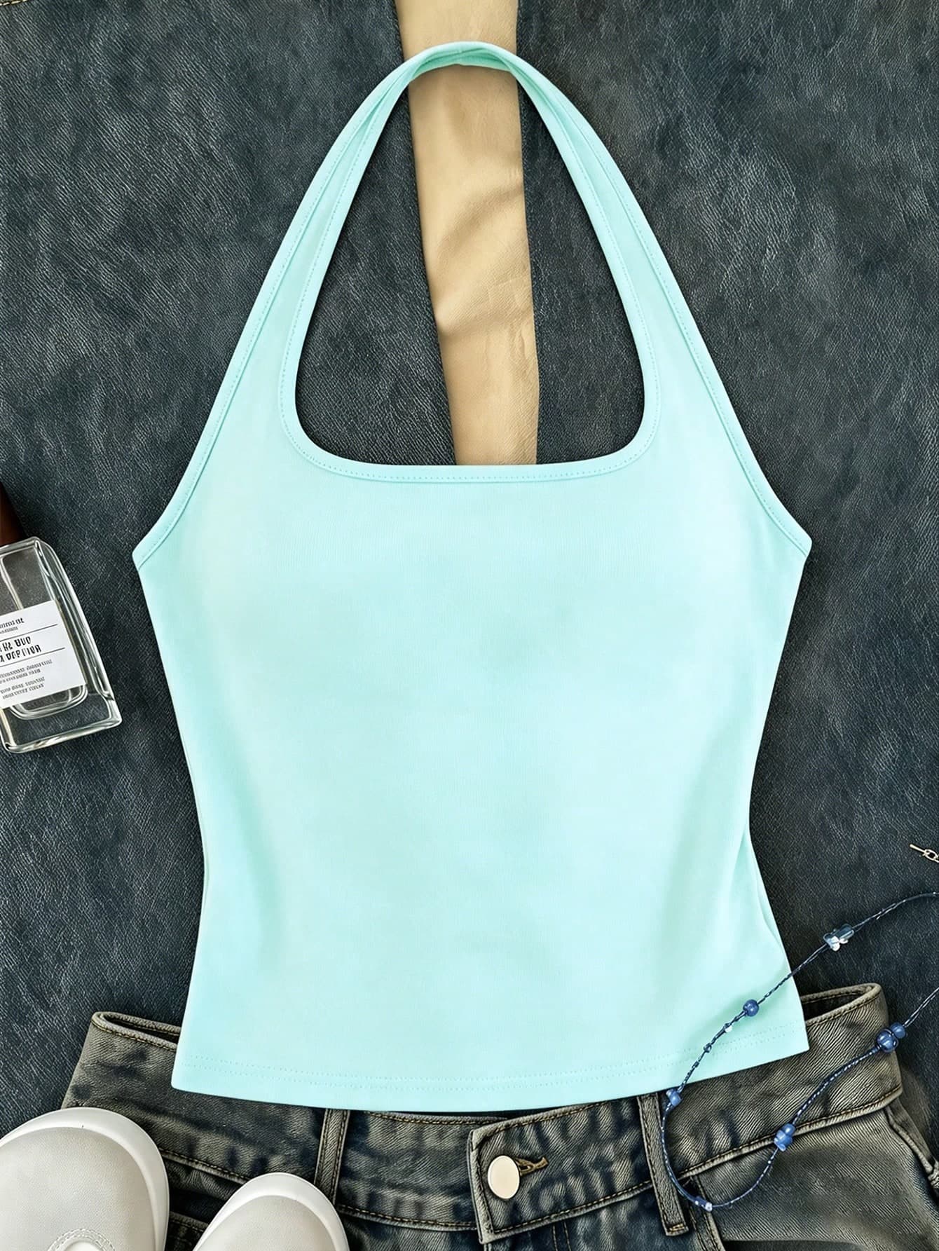 Tween Girls Teal Long Casual Halter Neck Top, Fitted Tank Top For Summer