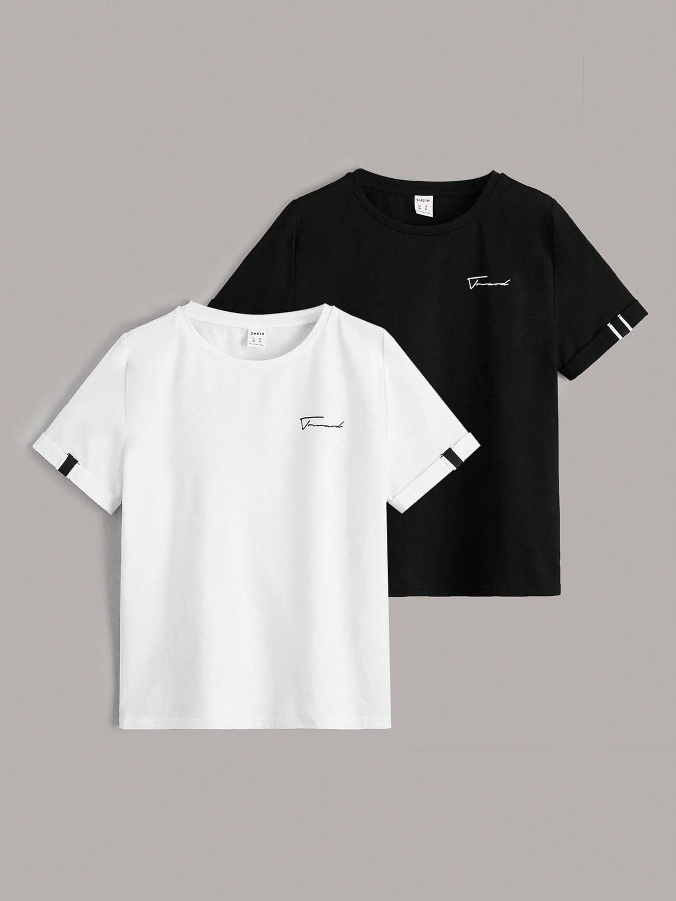Tween Boy 2pcs Letter Graphic Tape Detail Tee, School, Campus, College,Kids