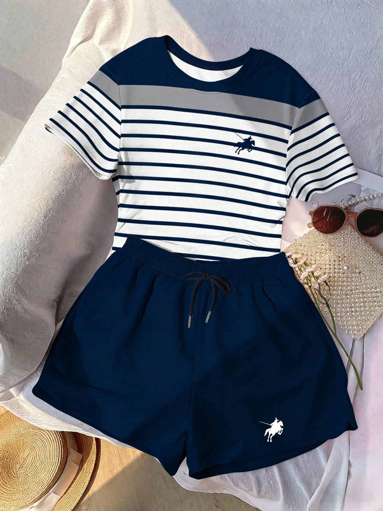 Resyla Women's Casual Rider Print T-Shirt And Striped Shorts Set, Perfect For Summer
