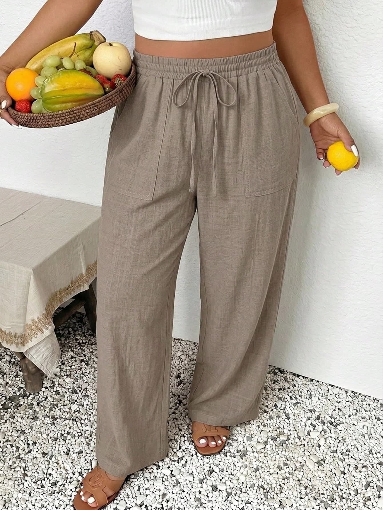 SHEIN Frenchy Plus Size Women's Casual Business Bohemian Style Loose Pants, Fashionable Vacation Light Khaki Beach Pants, Suitable For Beach Vacation, Summer Women's Clothing, Business Women's Pants, Holiday Casual Pants