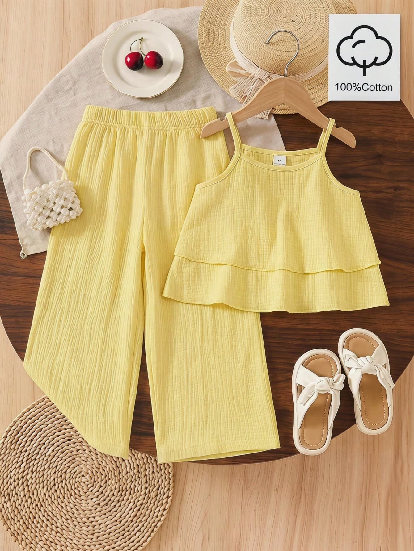SHEIN Elladie kids Girls' Ruffled Strap Top And Pants Set, Comfortable And Fashionable, Suitable For Summer Vacation