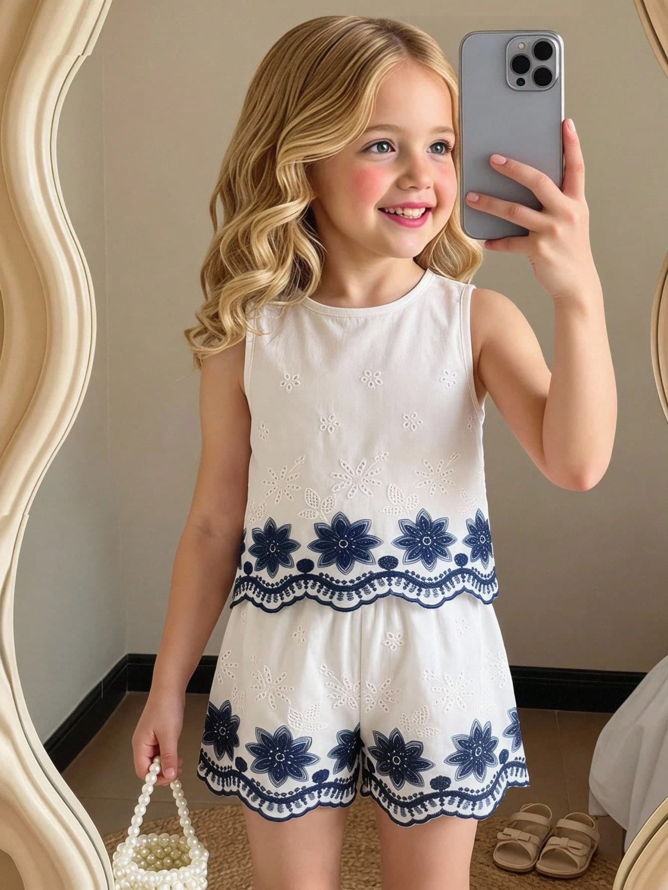Genkimix Kids Toddler Girls' Casual Sweet Hollow Embroidered Bicolor Floral Soft Round Neck Sleeveless Top And Elastic Waist Wide Leg Shorts 2pcs Set