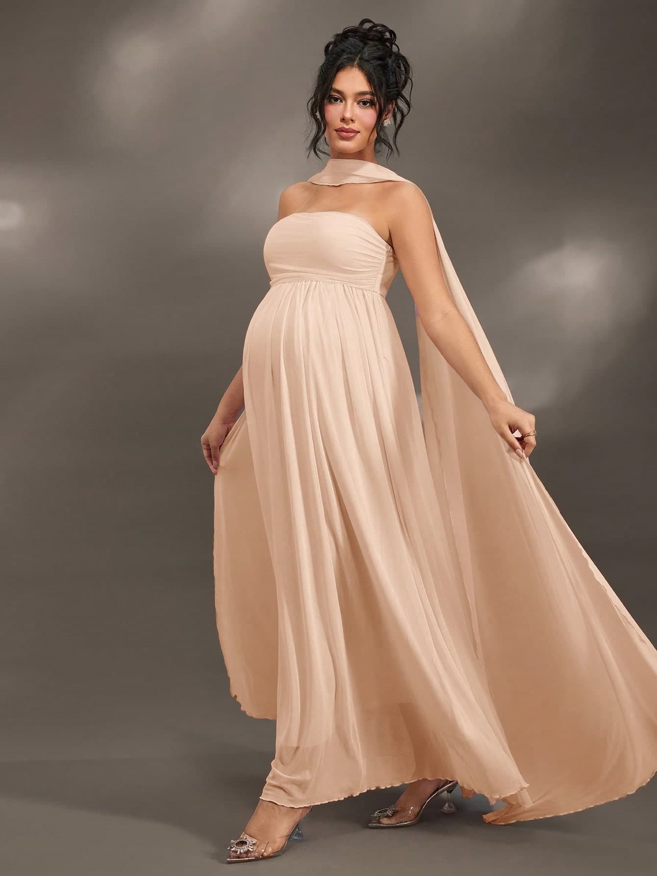 Cheriluna Maternity Christmas Party Dress/Elegant Party Dresses/Baby Shower Party Dress Ruffle Detail Solid Color Off-Shoulder Elegant Sleeveless Maternity Photo Shoot Outfit