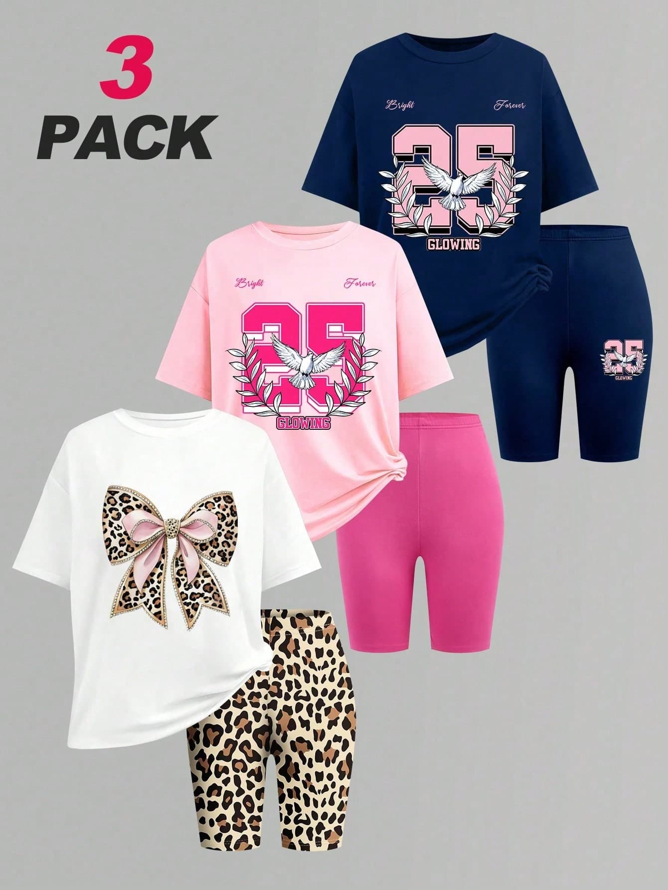 SHEIN Explorewe 6pcs/Set Girls' Squishy T-Shirt Set,Navy Blue,Summer,Casual,School,Back-To-School,Street Fashion,Bow,25 Graphic,Leopard Print,Skinny Cycling Pants