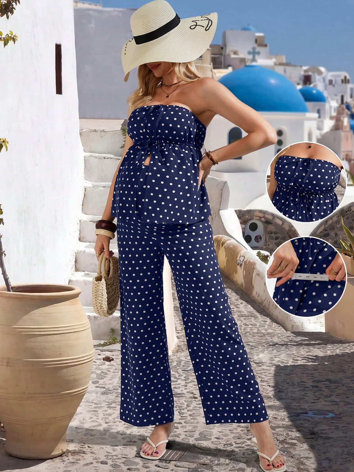 SHEIN Maternity Vacation Polka Dot Front Tie Bandeau Top And Adjustable Waist Long Pants Set