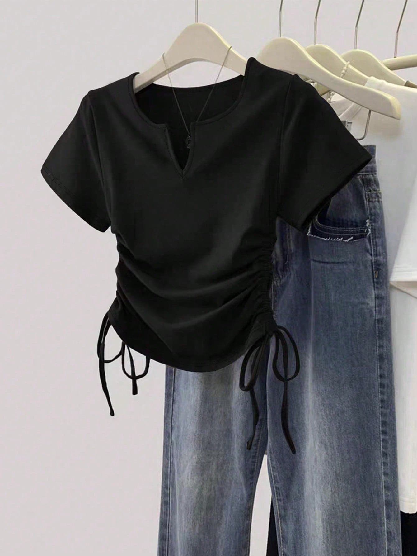 SHEIN Women's Casual Solid Color Side-Drawstring Short Sleeve T-Shirt, Summer