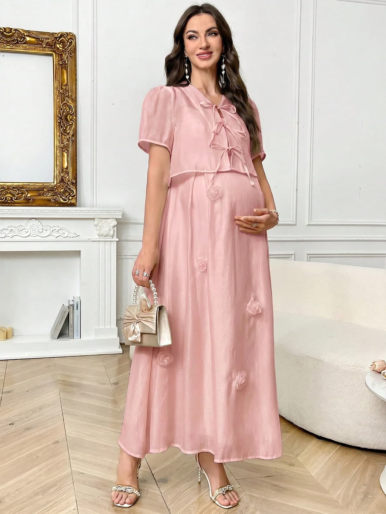 SHEIN Maternity Solid Color Front Tie Short Sleeve Top And 3D Flower Decor Cami Dress Elegant 2-Piece Set
