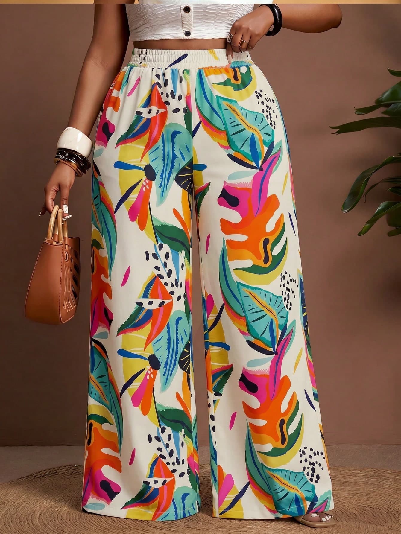 Veslaya Vacation Casual & Daily Street & Beach & Seaside & Vacation & Vacation & Bonfire Party Tropical Floral Pattern Print Loose Extra Long Women's Plus Size Long Pants