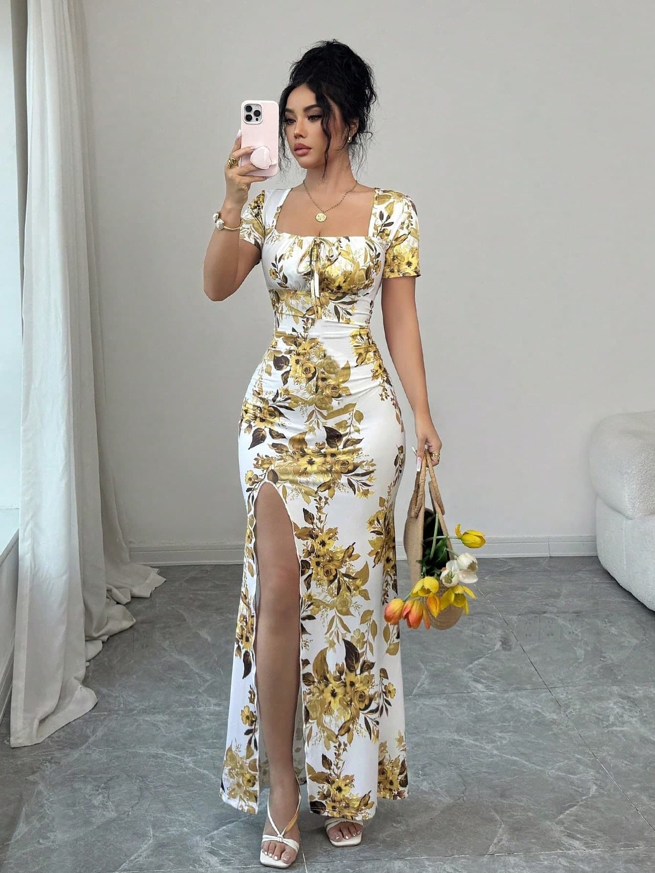 Rafferiza Women's Summer Short Sleeve Dress, Digital Printed Vacation Dress, Beach Holiday Dress With Slit Hem, Waist Ruched Long Dress