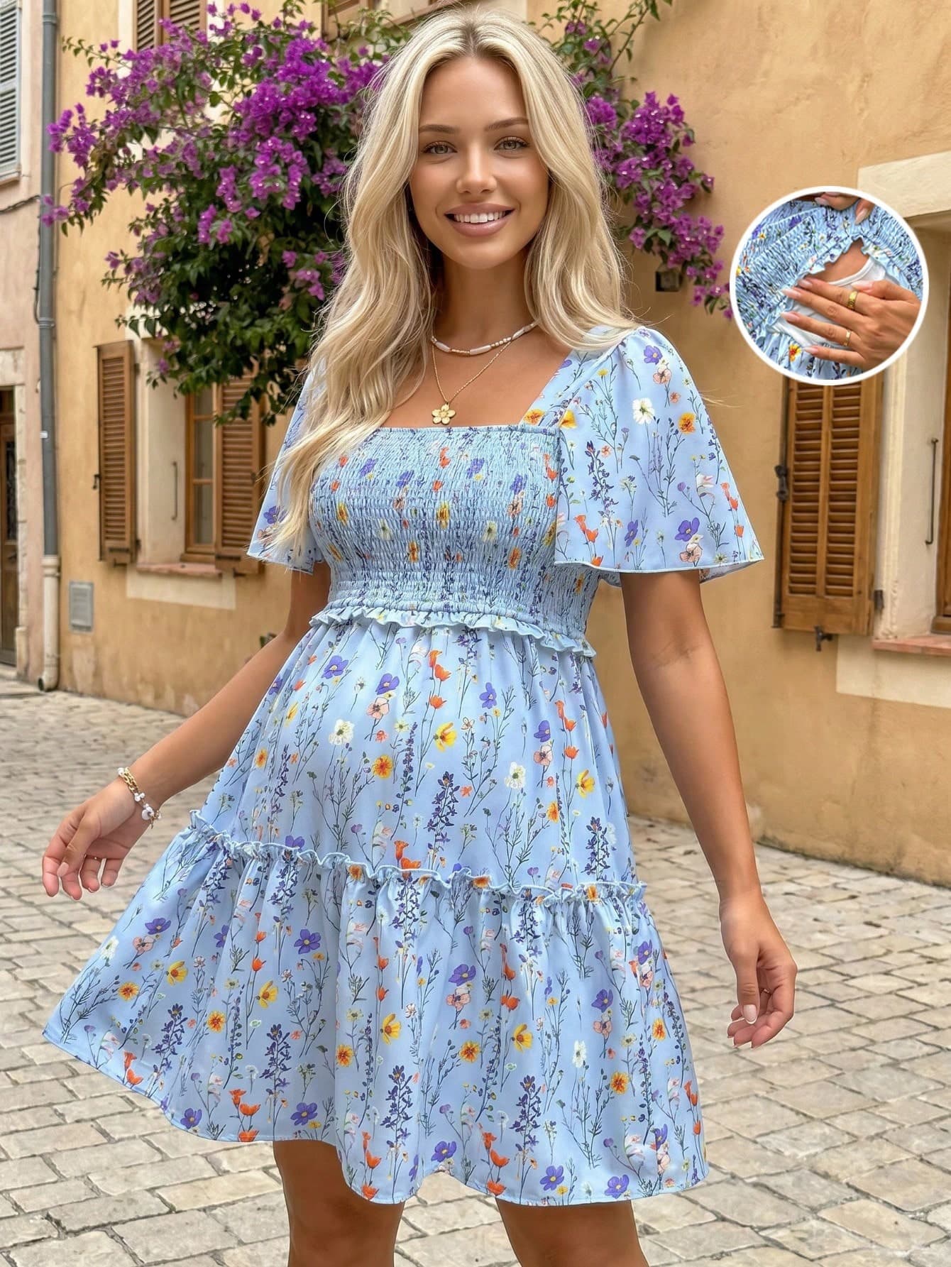 SHEIN Summer Maternity And Nursing Dresses Blue Floral Nursing Dress, Comfortable And Casual Vacation Style. Christening