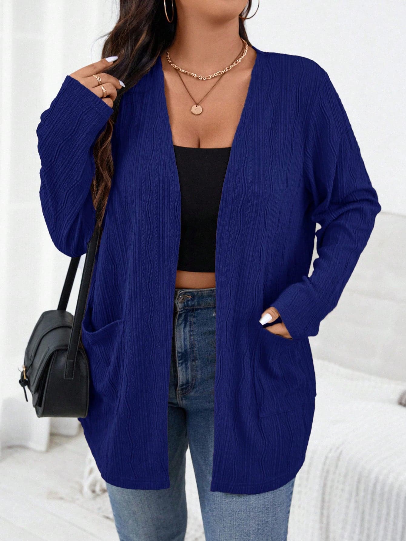 SHEIN Essnce Plus Size Women's Autumn New Fashion Long Sleeves Two Pockets Coat Fall