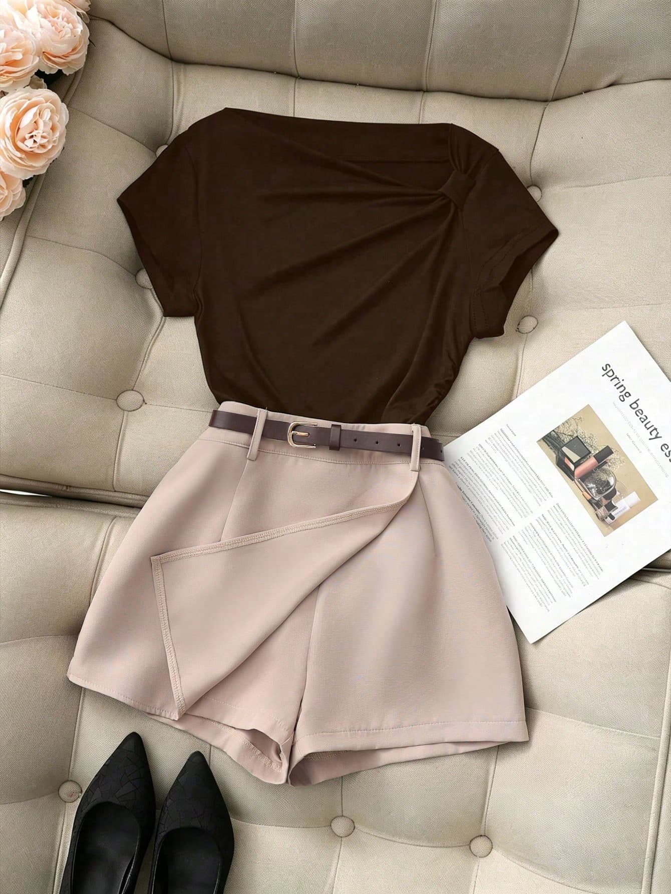 Franclia Women's Elegant Summer 2-Piece Set Featuring All Shades Of Brown,Ruched Asymmetrical Shoulder Tight Top & Khaki Shorts Skirt For Brunch Or Vacation