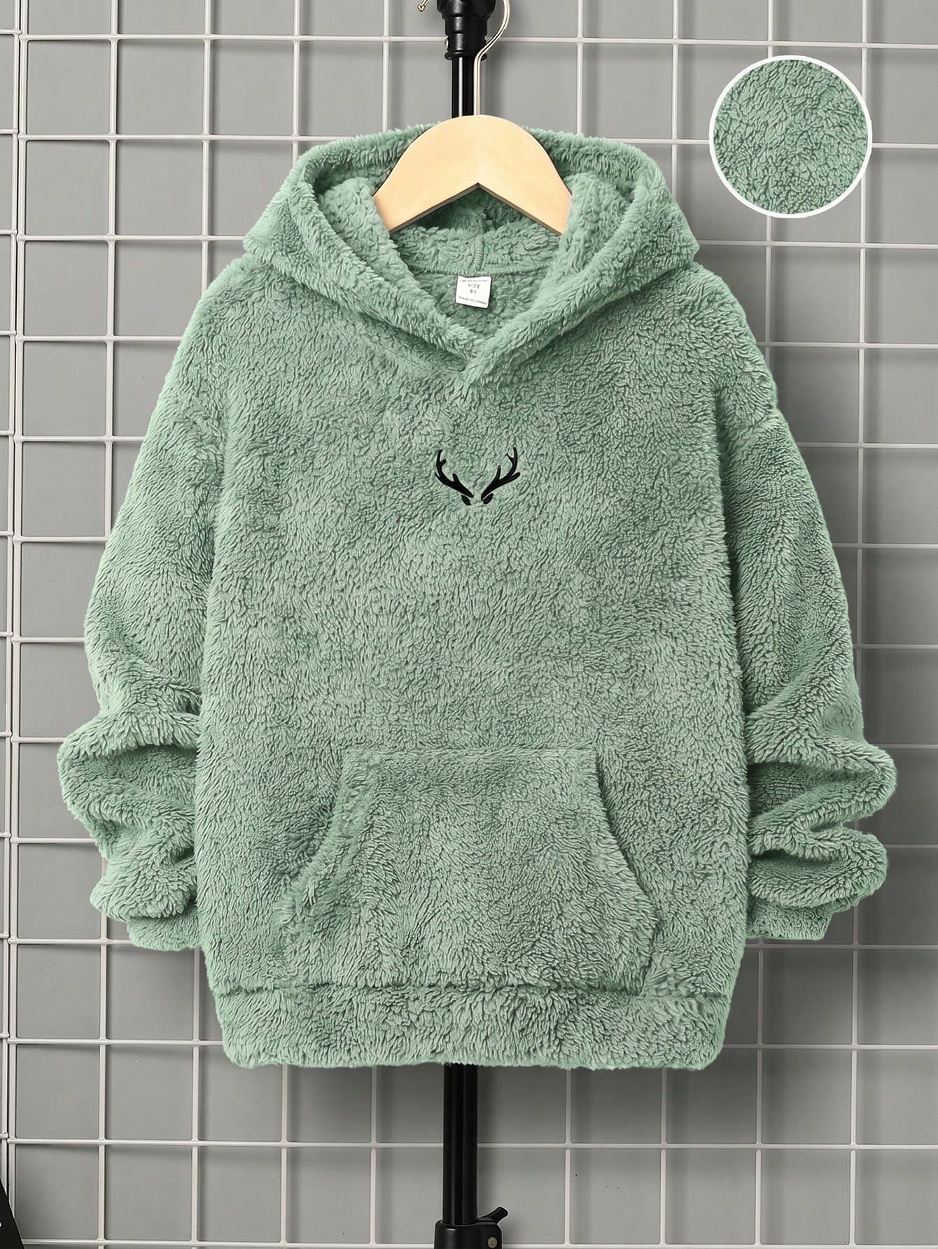 SHEIN Kids Boys' Casual Embroidered Double-Sided Fleece Hooded Pullover Knit Autumn Winter Sweatshirt