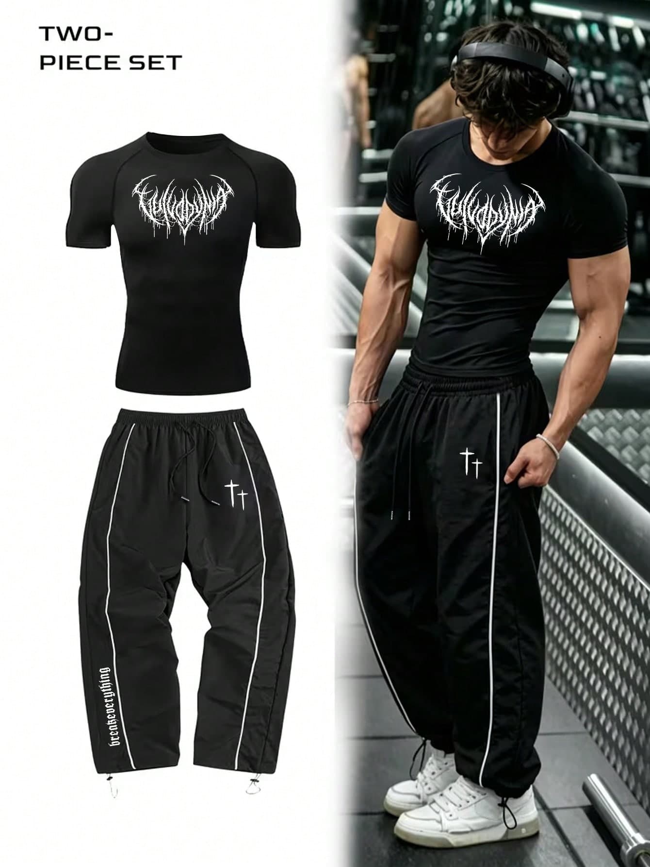 Gym Rark Men's Minimalist Printed Round Neck Short Sleeve Top And Pants Sports Suit, Gym
