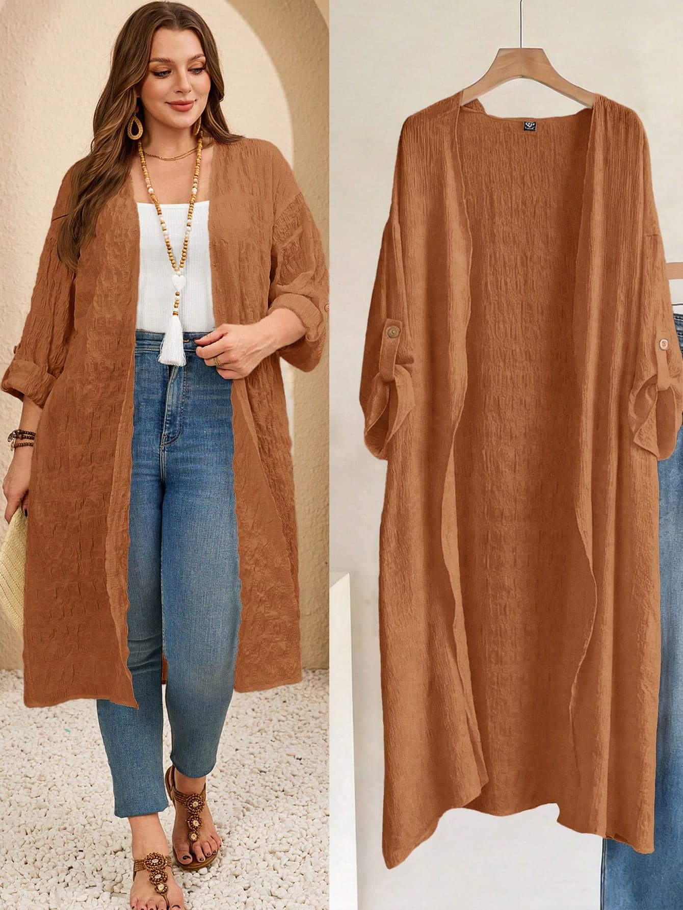 EMERY ROSE Plus Size Solid Color Long Vacation Casual Outerwear Fall