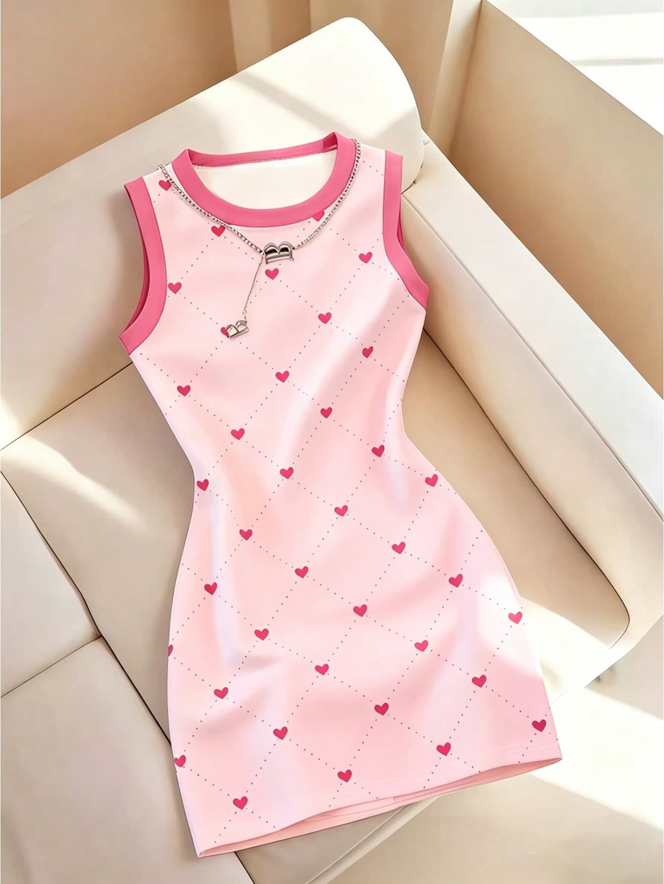 Resyla New Fashion Casual Versatile Heart Print Round Neck Tank Dress