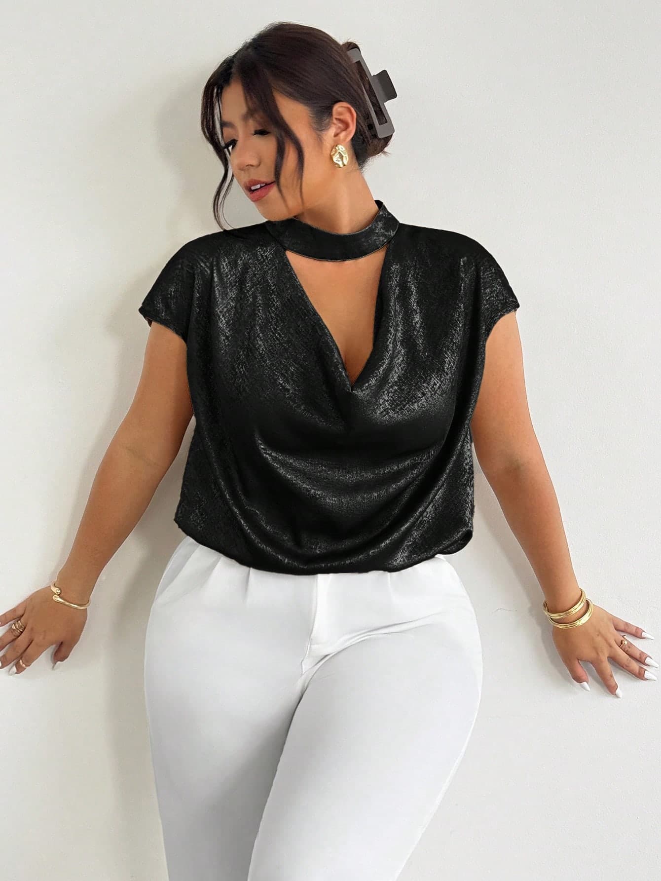 Firerie Plus Size Women's Elegant Choker V-Neck Fashion Blouse