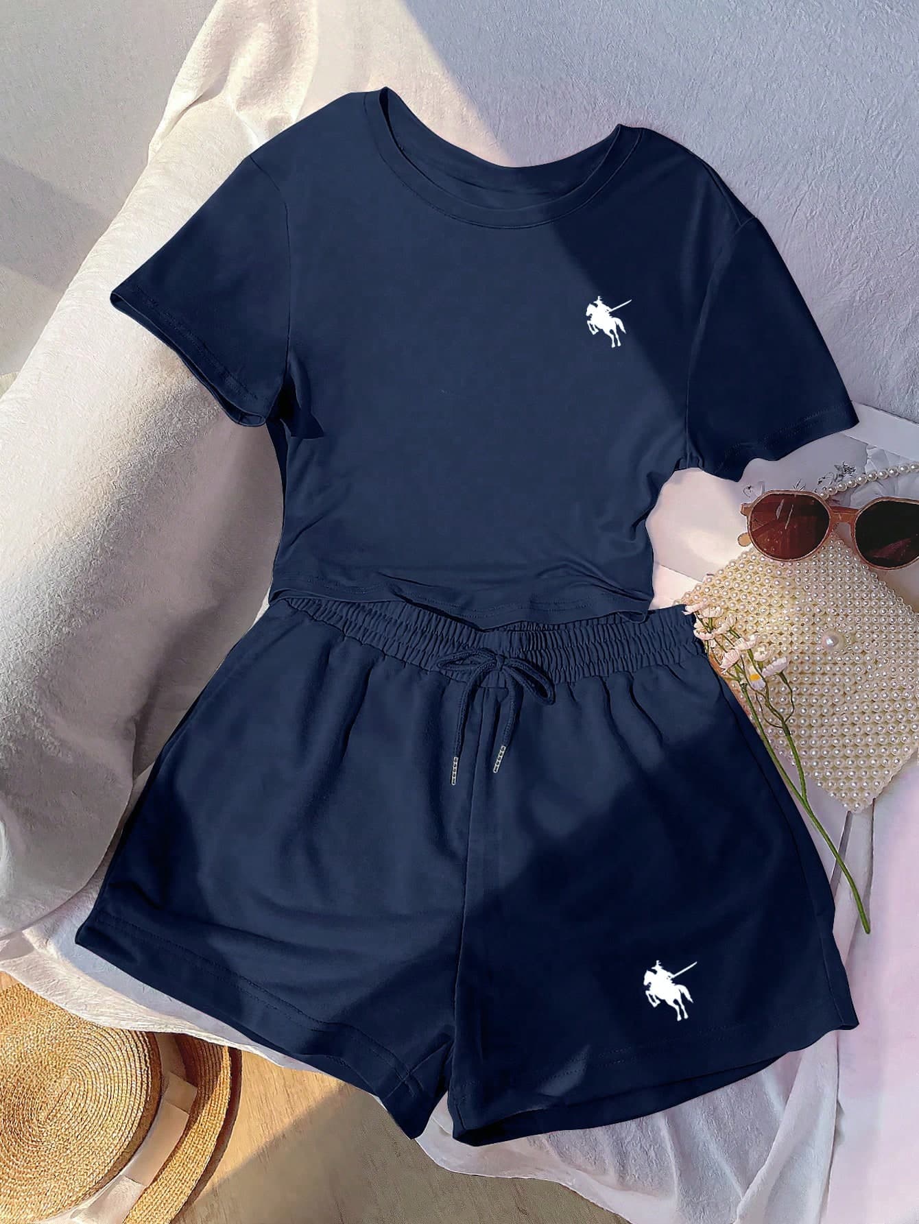 Resyla Women's Casual Equestrian Print T-Shirt And Shorts Set, Suitable For Summer