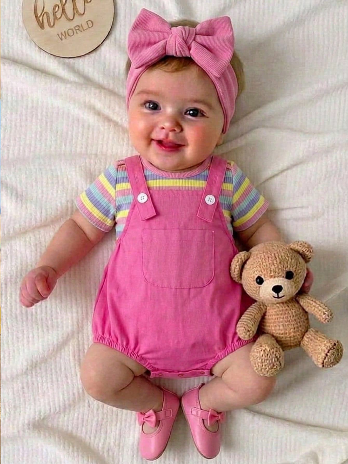 SHEIN Newborn Baby Boys' 2pcs Set,Pink,Summer,Cute,Family Matching Striped Overall,White Knitted Peter Pan Collar Top,Striped Buttoned Hat,Casual Outfit