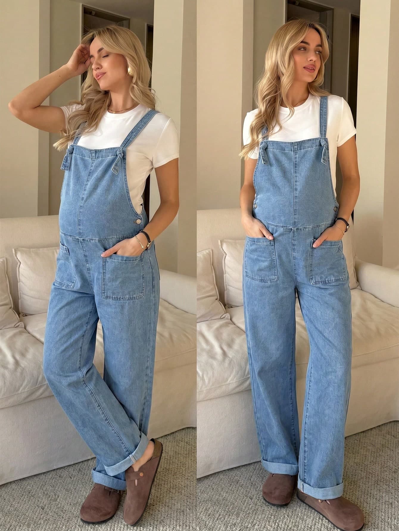 SHEIN Maternity Pocket Casual Versatile Daily Outing Denim Overalls Long Pants