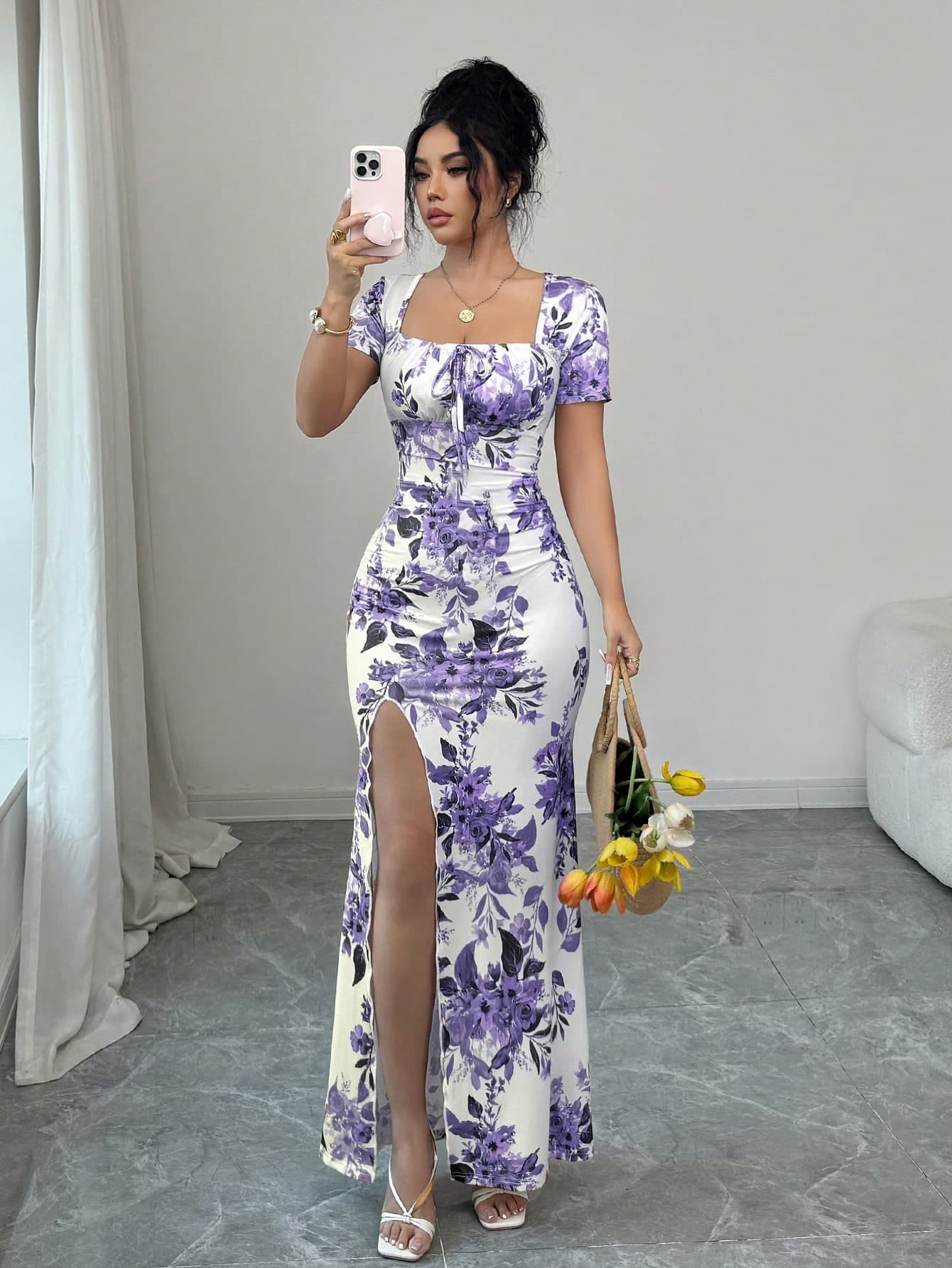 Rafferiza Women's Summer Short Sleeve Dress, Digital Printed Vacation Dress, Beach Holiday Dress With Slit Hem, Waist Ruched Long Dress