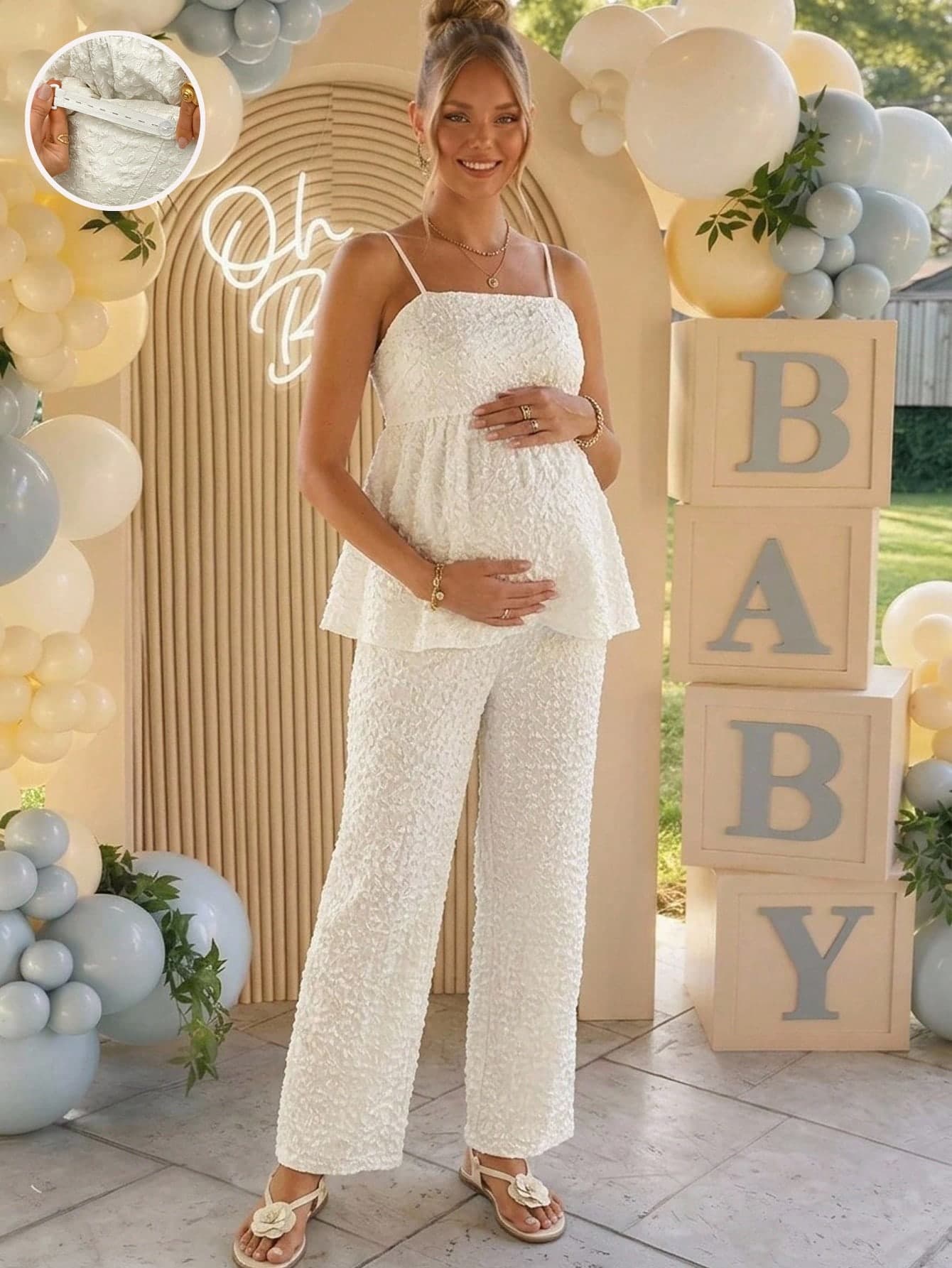 Loomaby 2pcs Maternity Vacation Jacquard Camisole And Adjustable Waist Pants Set