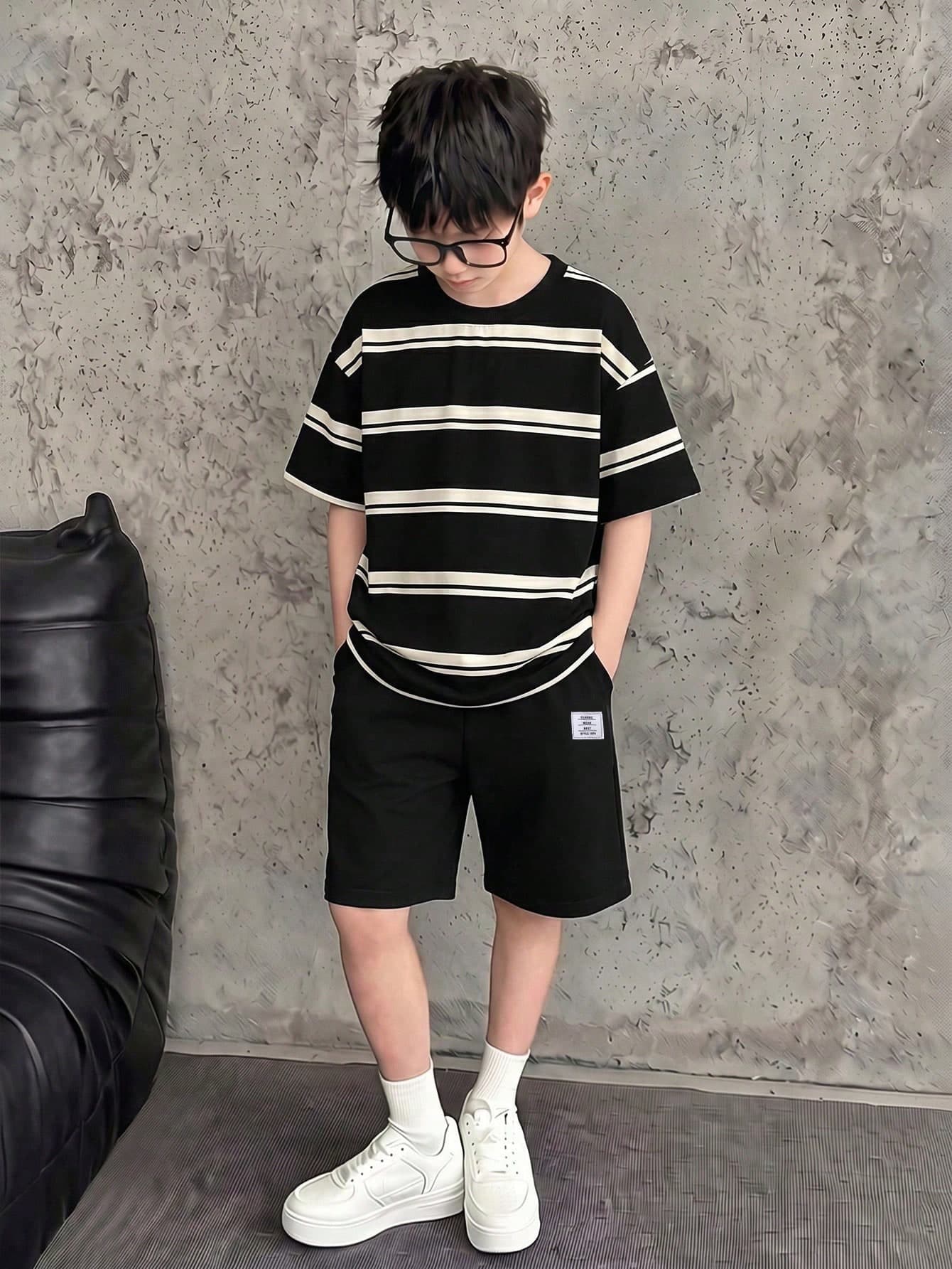 Mirajuku 2pcs/Set Boys' Black And White Striped T-Shirt & Woven Cargo Shorts Set,Fashionable Casual Summer City Break Outfit For Daily,School,Various Occasions