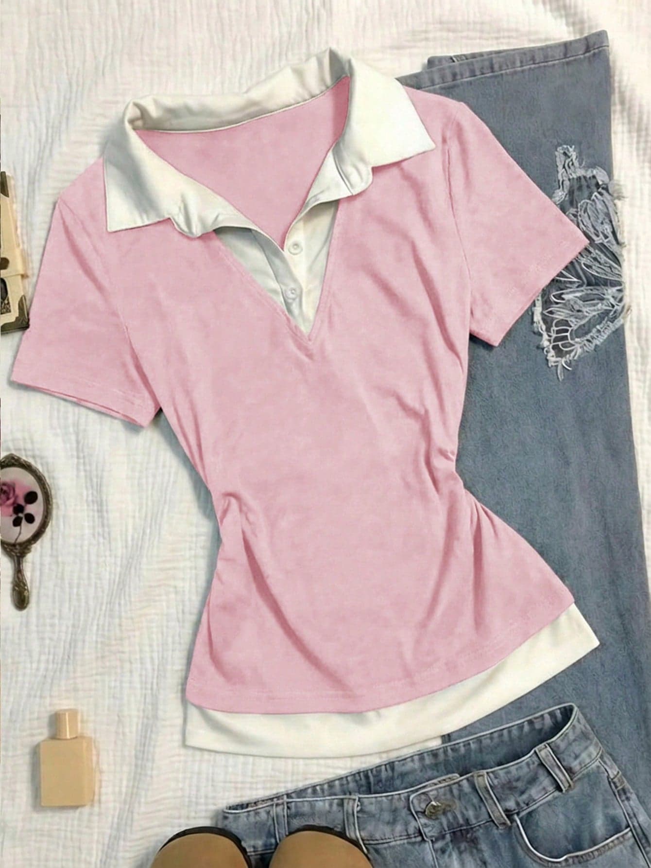 Teen Girls Pink And White Collar Short Sleeve Casual T-Shirts