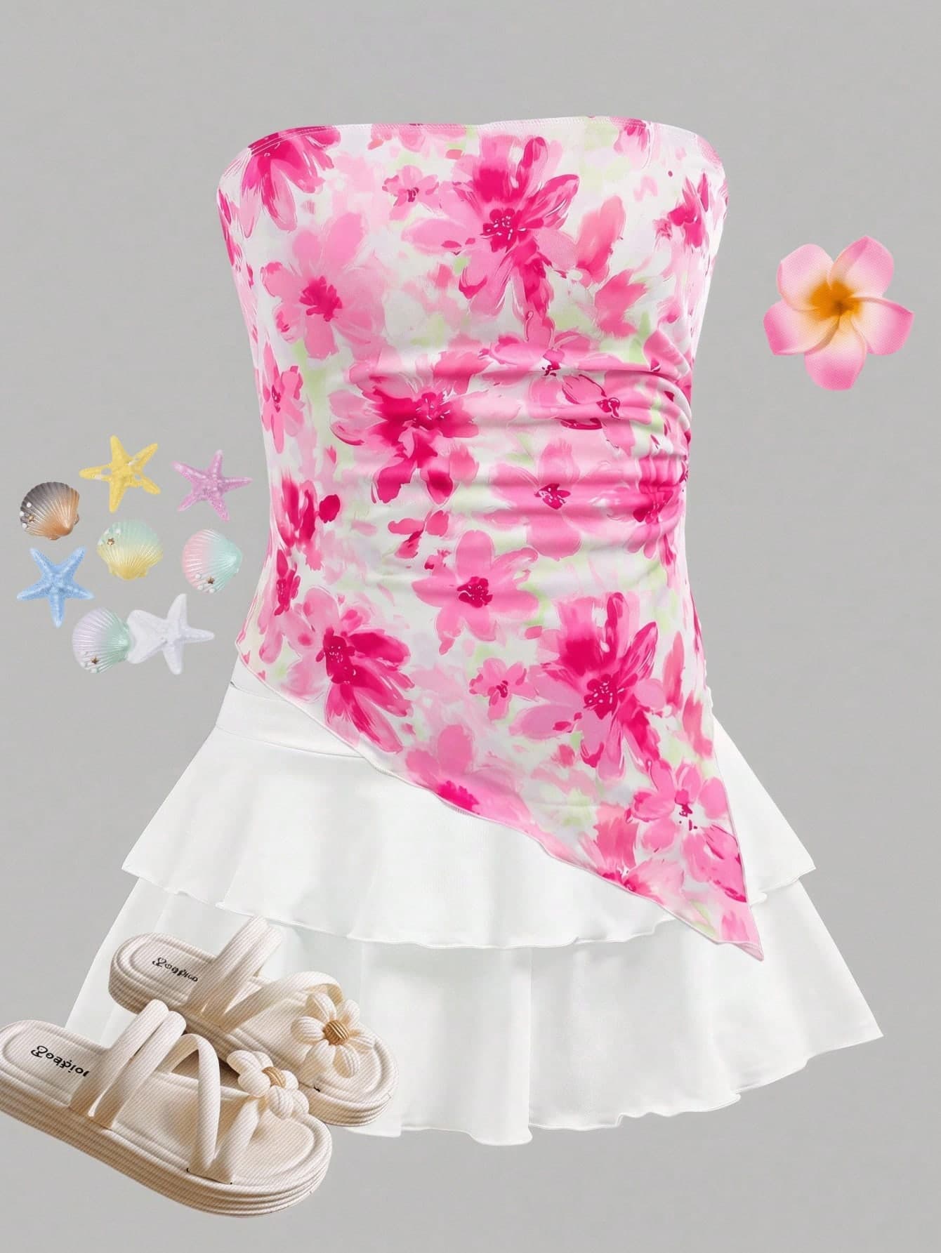Girlism Tween Girls 2pcs/Set Floral Print Ruched Asymmetrical Hem Tube Top & White Layered Cute Skirt Outfit