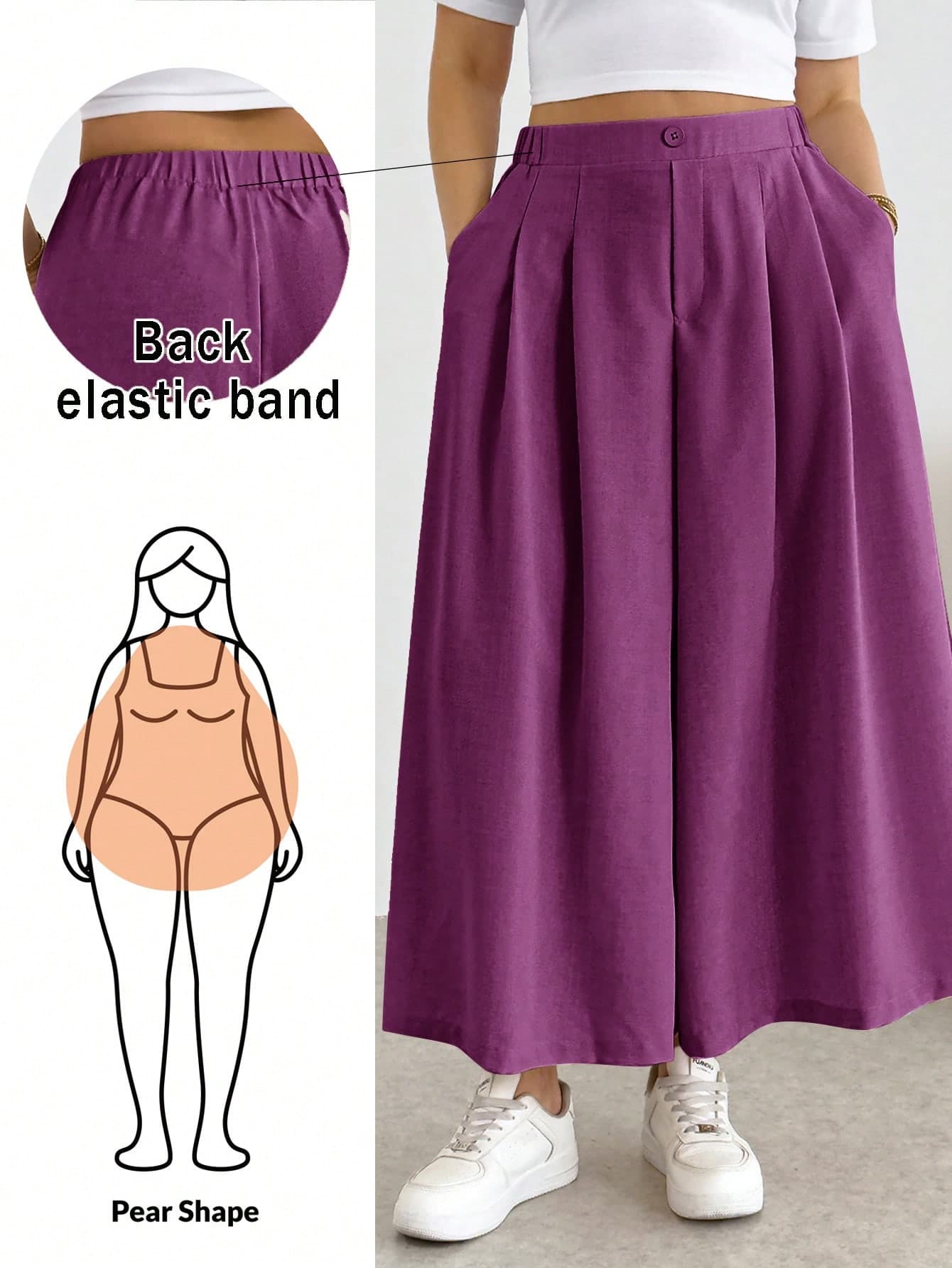 Shapeblank Plus-Size Women's Spring/Summer Fashion Casual Loose Comfortable Everyday Basic Versatile Slimming Elastic Waist Pleated Apricot Cropped Trousers/Skirts,Women Bottom,Summer Outfits,Work Pants,Simple Style,Wide-Leg Culottes