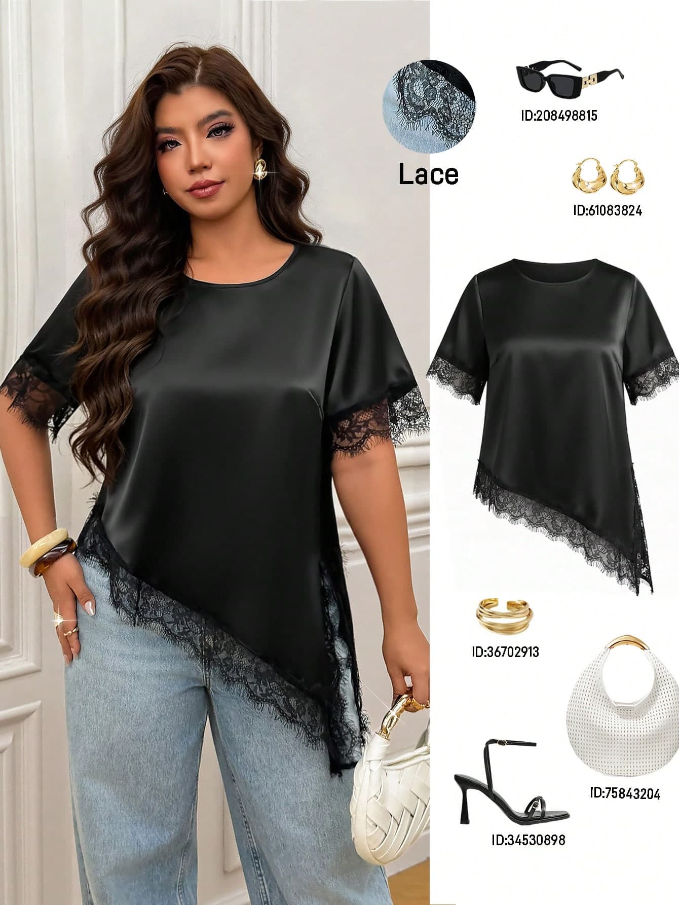 Femmeverse Women's Casual Solid Color Shiny Asymmetric Split Hem Lace Patchwork T-Shirt Round Neck Design Summer Vacation Versatile Woven Satin Top