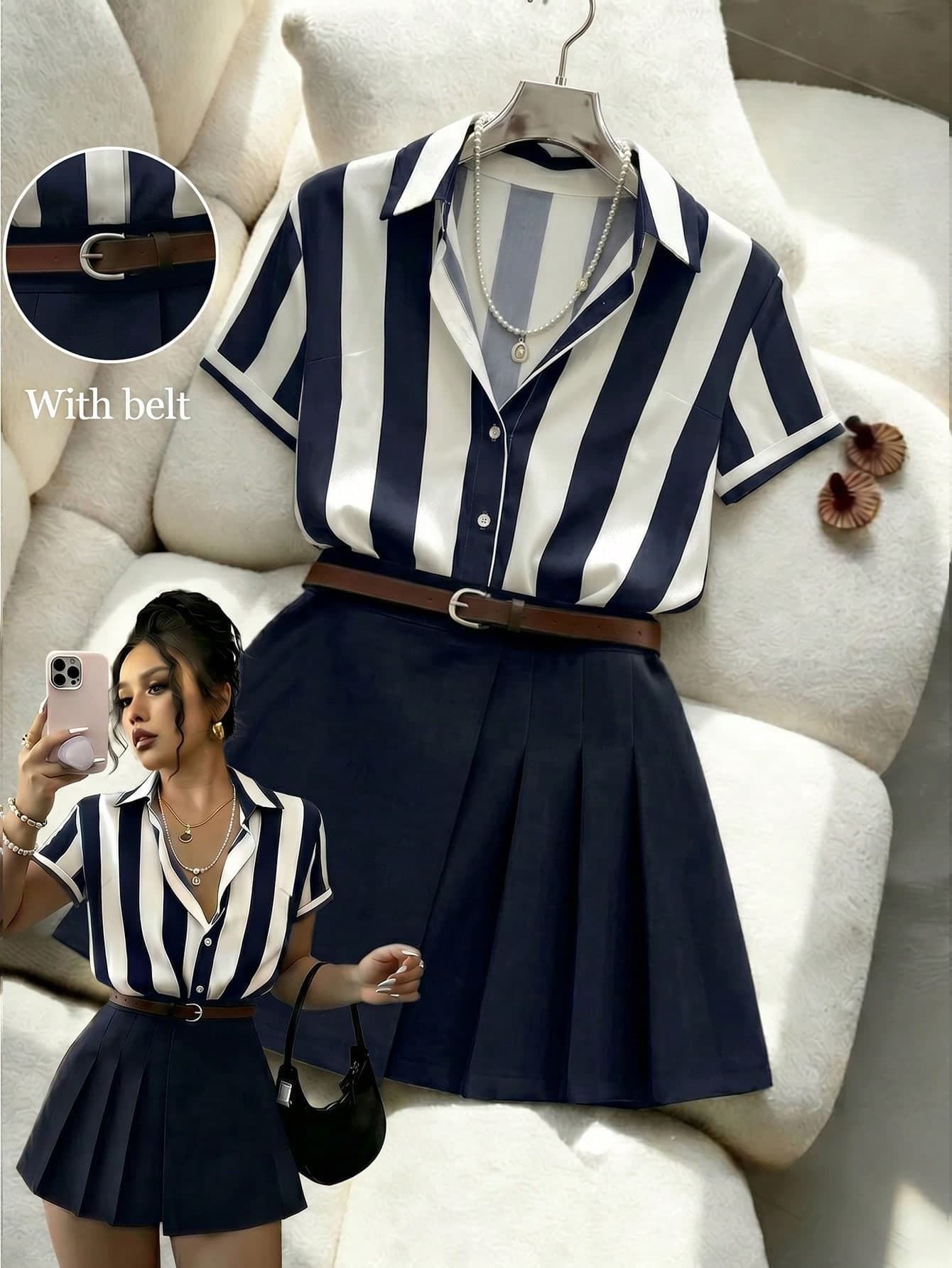 Franclia Summer Casual Striped Short Sleeve Shirt And Skirt 2 Pieces Set