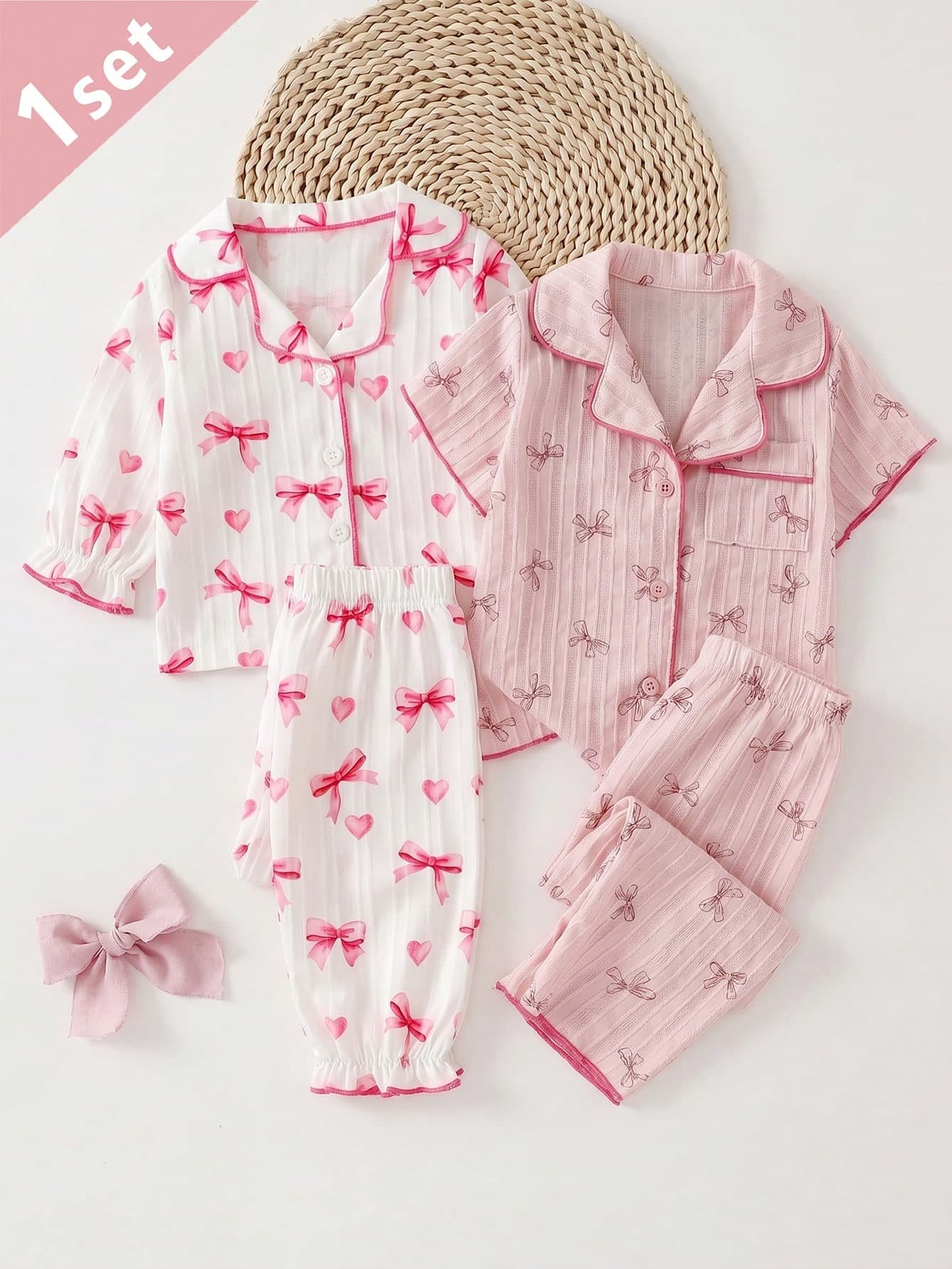 2-Pack Newborn Baby Girl Cute Pink Bow Print Red Contrast Trim Collar Cardigan Long Sleeve Pants 2-Piece Loungewear Set