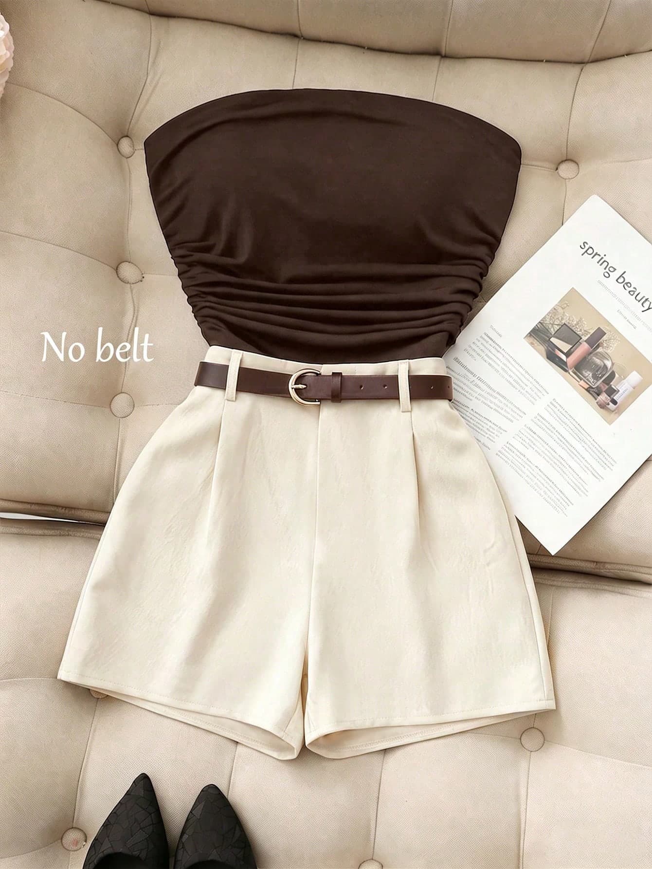 Franclia All Shades Of Brown Summer Casual Brunch Women's Two Pieces Set,Solid Color Ruched Camisole&Striped Fabric Shorts Suit,High-Stretch Commuting Outfit
