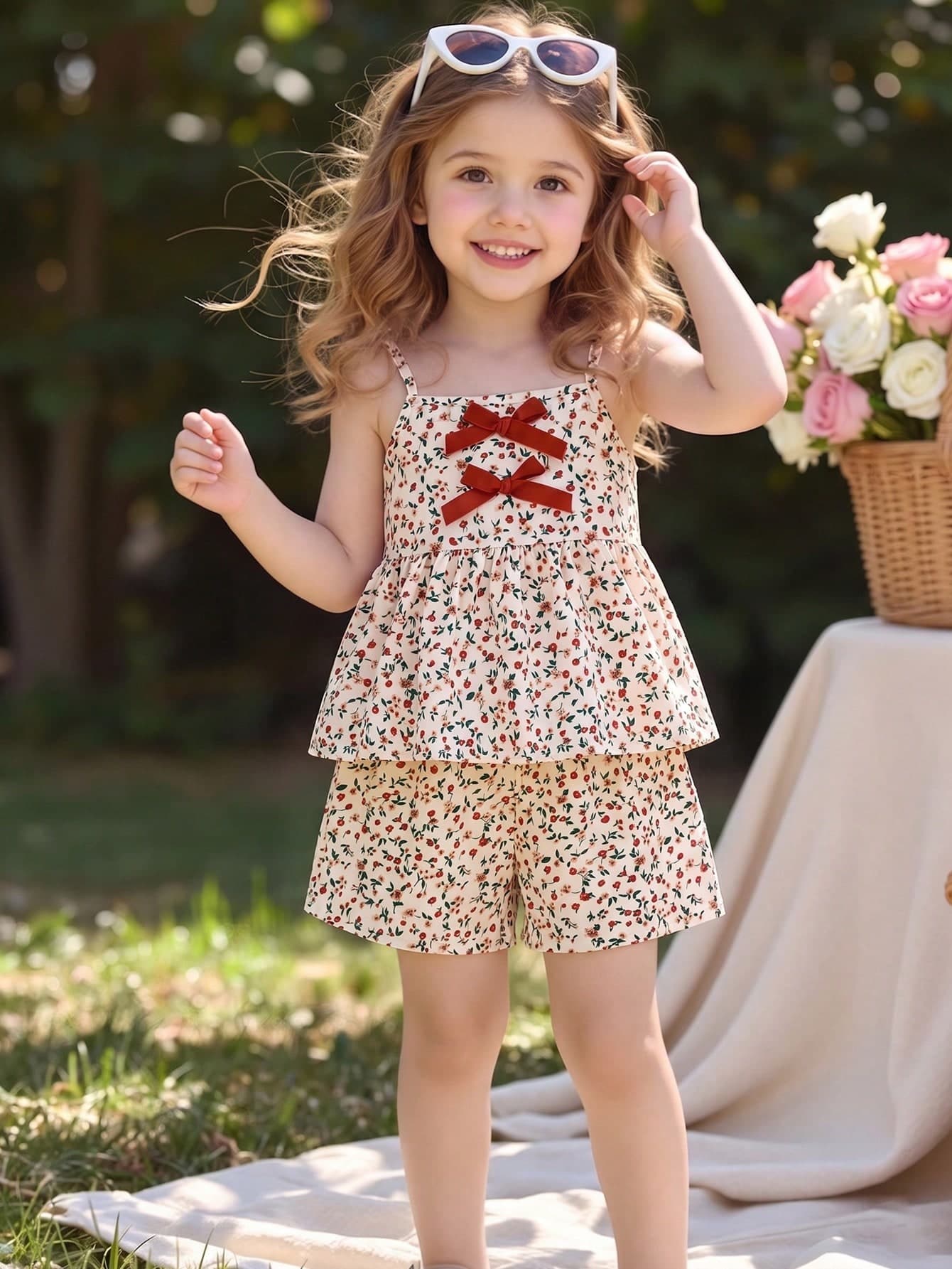 SHEIN Elladie kids 2PCS Young Girl Summer Glam White Red Blossom Picnic Core + Girly Era Lightweight Floral Fabric All Over Ditsy Red Floral Print Spaghetti Strap Peplum Cami Top + Casual Shorts Set, Ideal For SummerOutfit, Beachweekend, Vacay Romance, Island Style, Urban Gala, BirthdayOutfit, Daily Casual Wear, Outdoor Picnic, Vacation, Brunch Date, Perfect For Creating A Fresh And Sweet Boho Festival Look