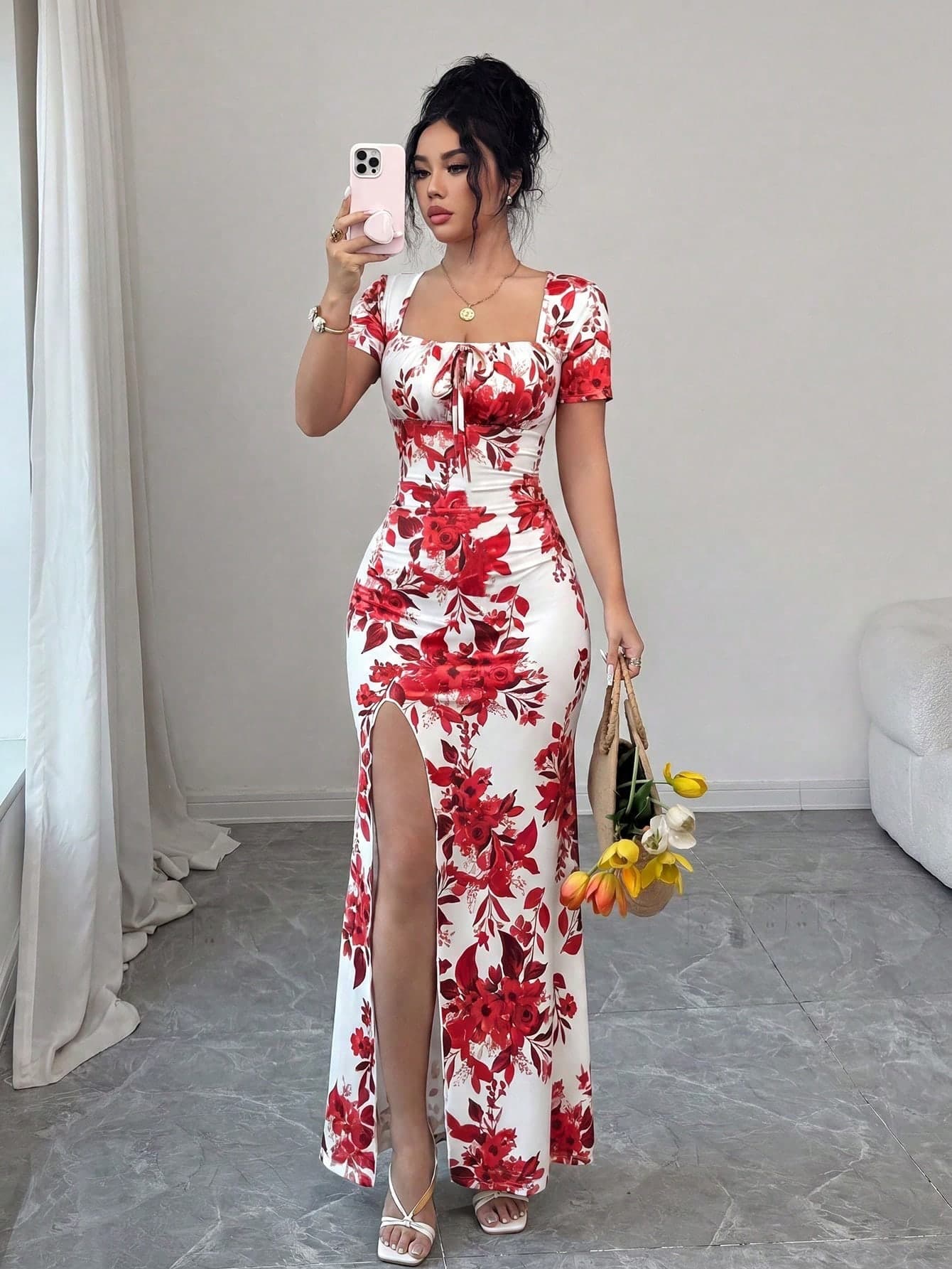 Rafferiza Women's Summer Short Sleeve Dress, Digital Printed Vacation Dress, Beach Holiday Dress With Slit Hem And Waist Ruching