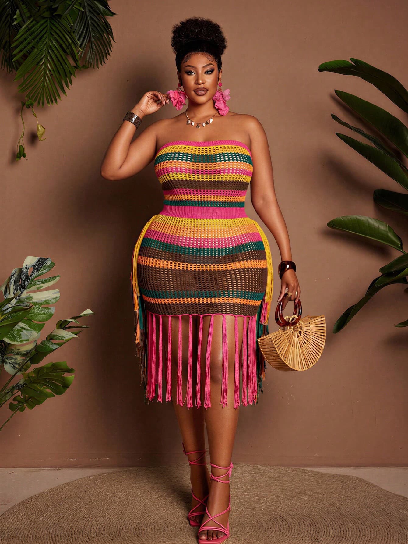 Maweii Plus Size Women's Knitwear,Wrap-Around Blouse Dress, Knitted Dress, Women's Mini Knitted Dress, Openwork, Tassels, Fitted, Sexy, Women's Daily Commuting Attire, Women's Clothing, Summer, Spring, Autumn, Vacation, Casual,Elegant