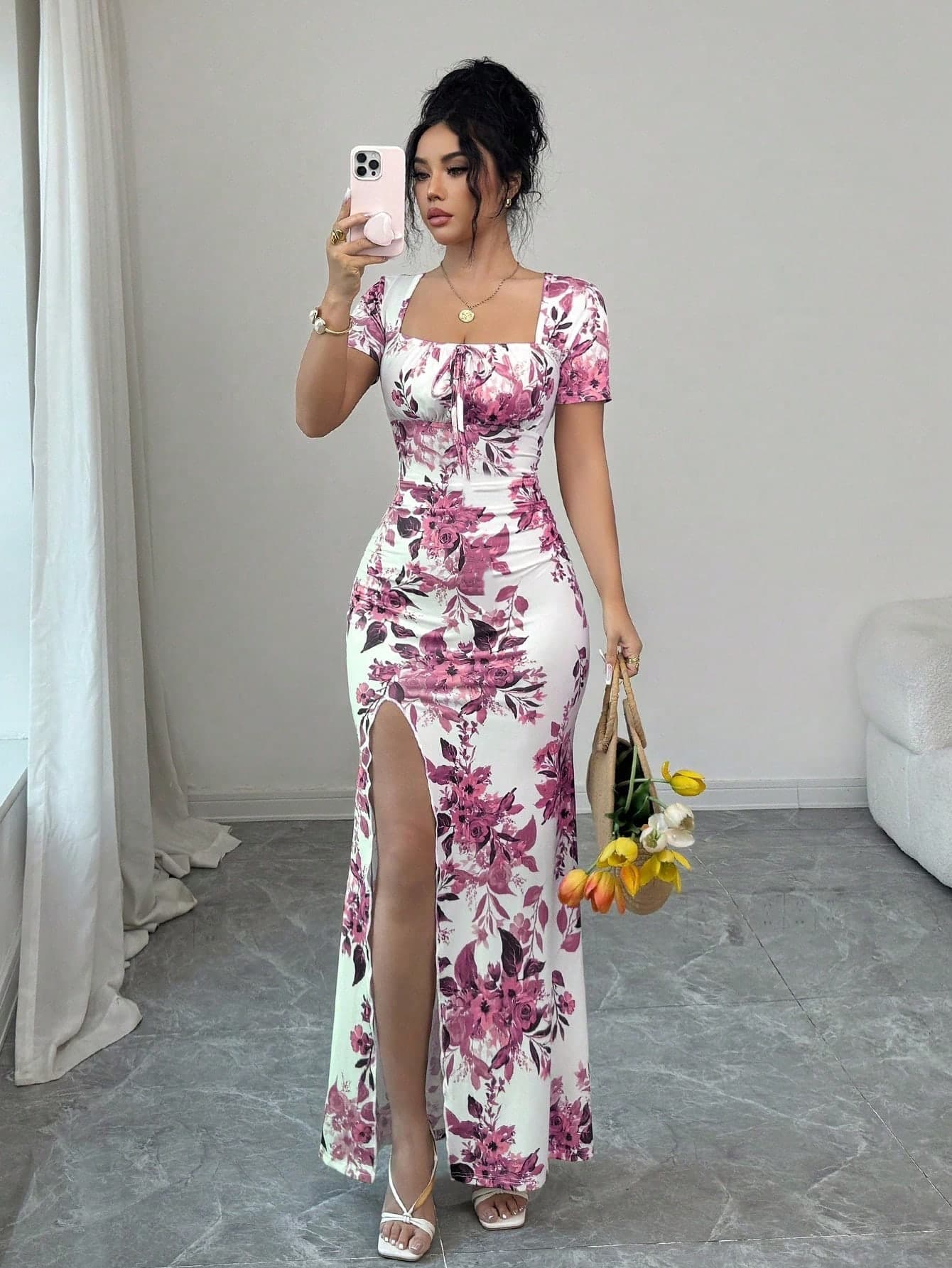 Rafferiza Women's Summer Short Sleeve Dress, Digital Printed Vacation Dress, Beach Holiday Dress With Slit Hem, Waist Ruched Long Dress