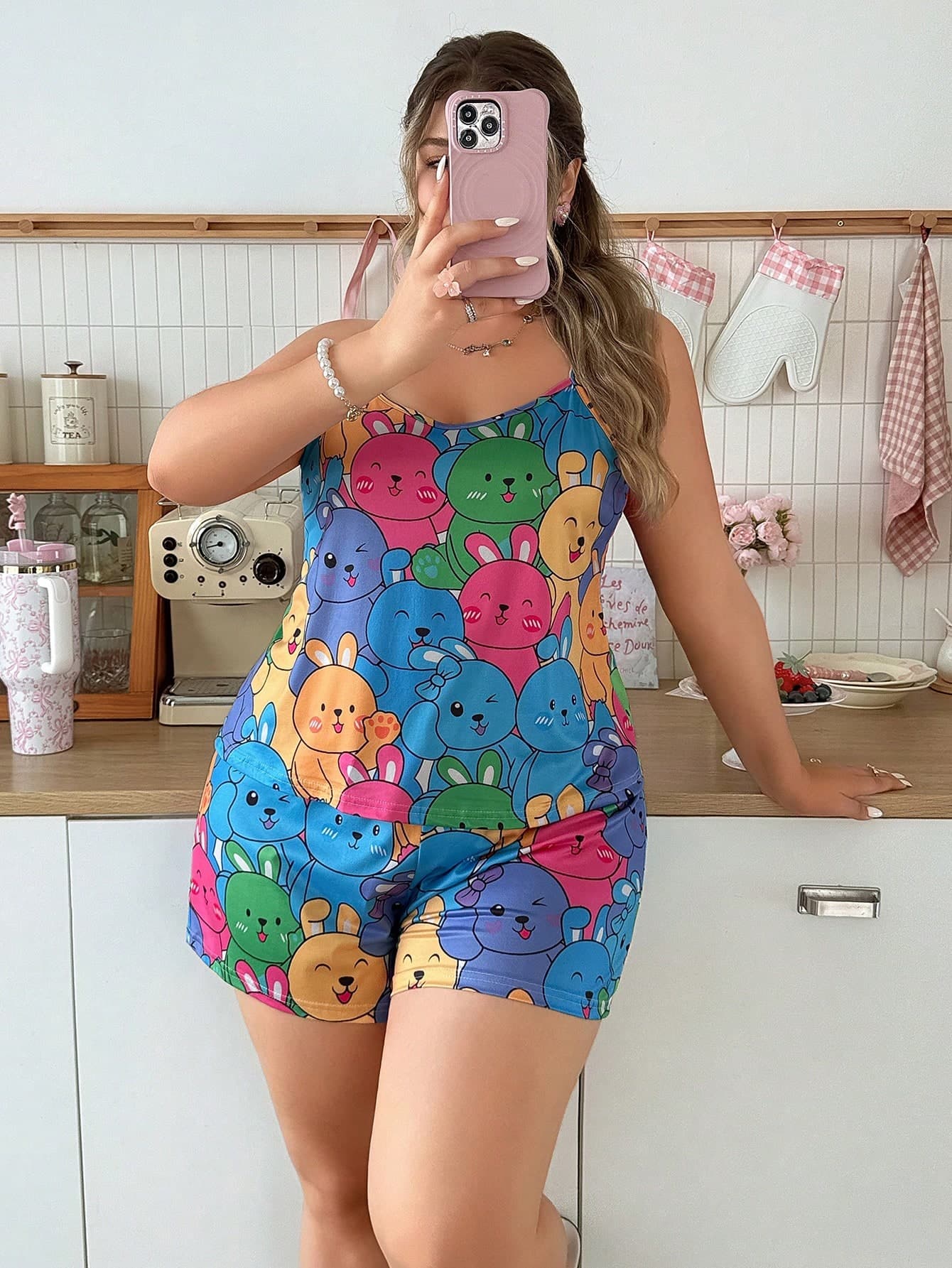 Slumberry CURVE Plus Size Women's Colorful Cartoon Print Cami Top And Shorts Pajama Set