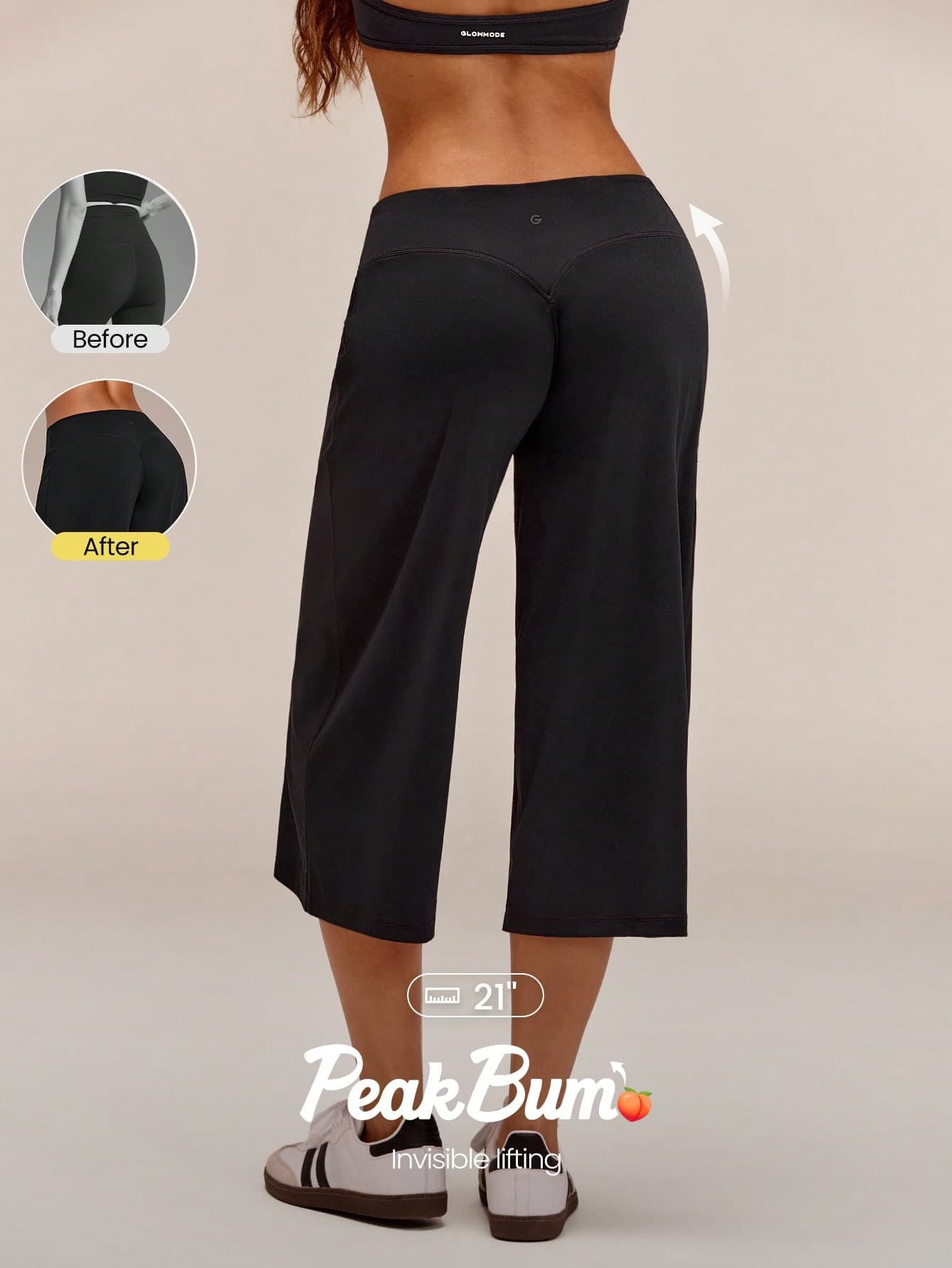 GLOWMODE 20" FeatherFit™-Air Glow Flex Low-Rise Peakbum Wide Leg Capri Leggings With Back Pocket Low Impact Training Running Workout Gym Fitness Daily Wear