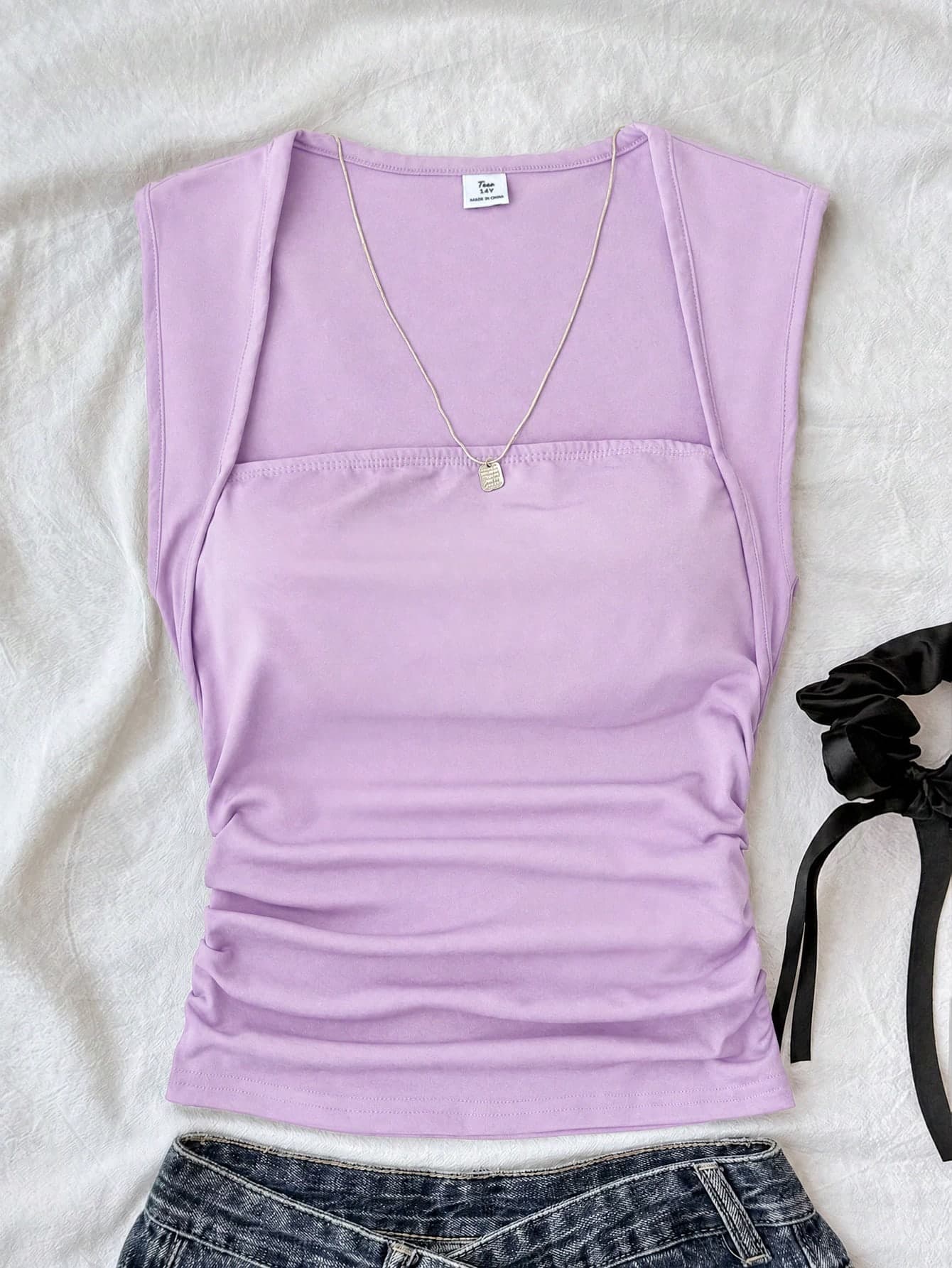SHEIN Teen Girls T-Shirts Summer Solid Ruched Side Tank Top