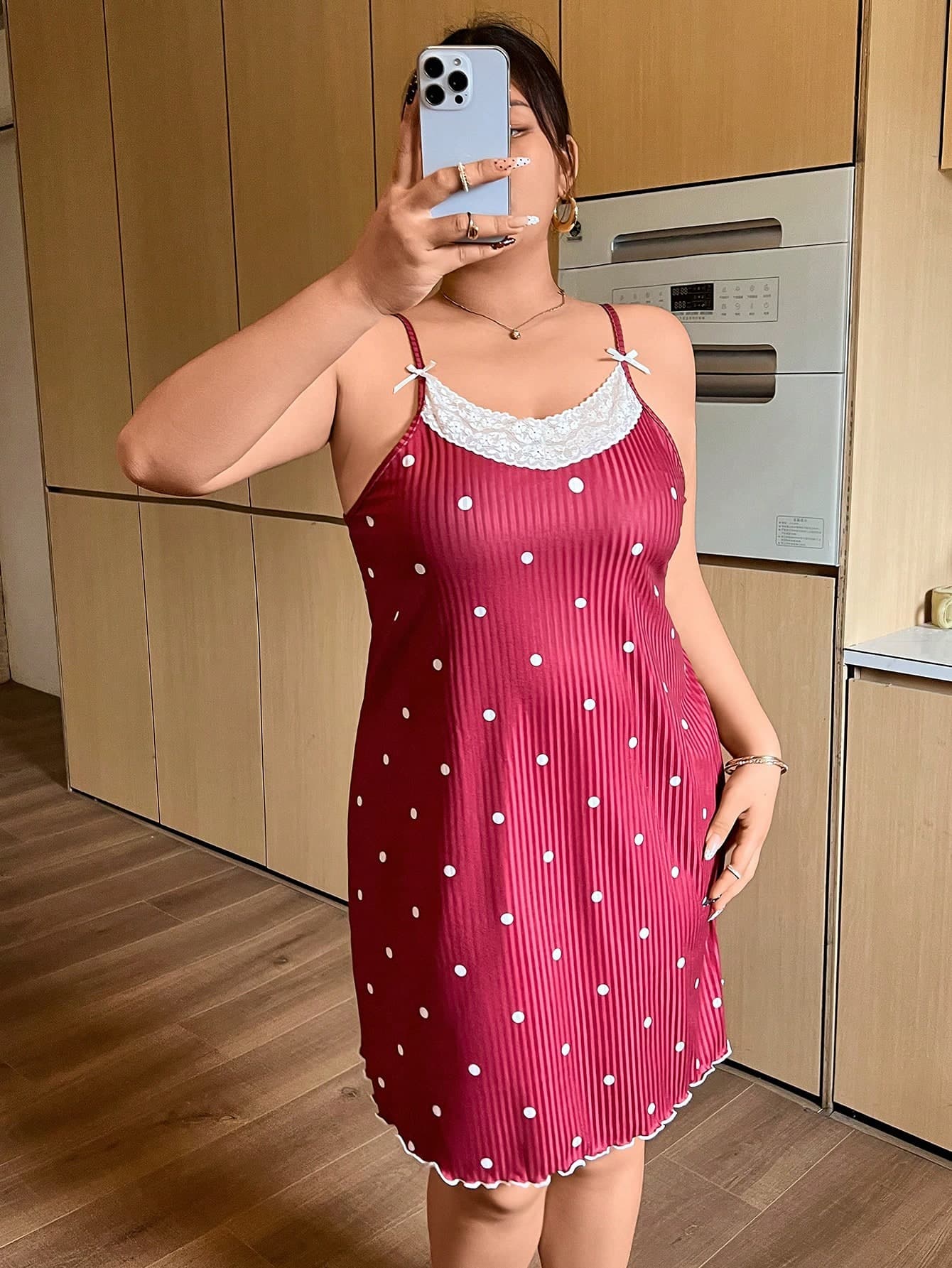 Napfluff CURVE Napfluff CURVE Plus Size Polka Dot Ribbed Lace Cami Nightgown
