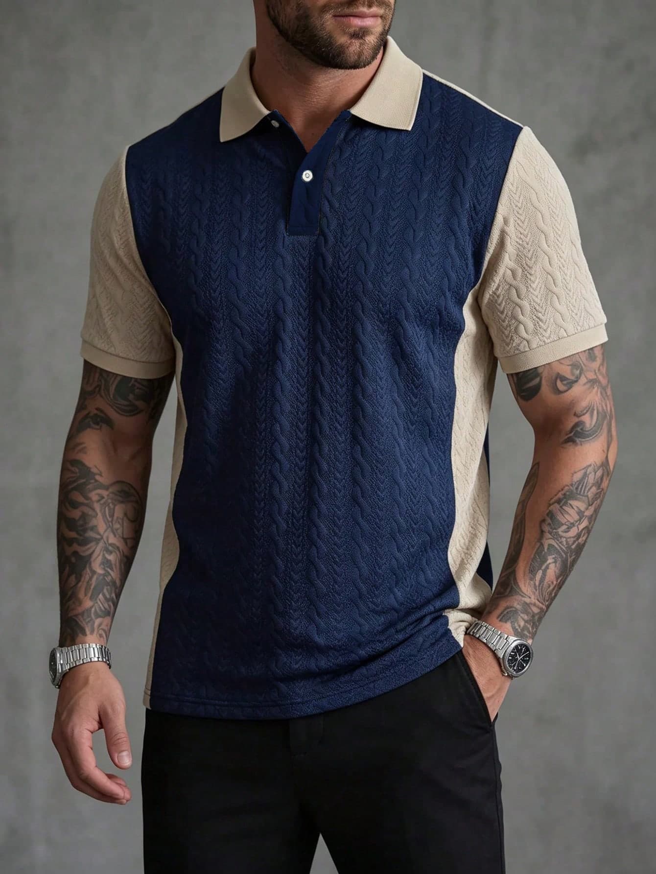 Manfinity Homme Men's Contrast Color Short Sleeve Polo Shirt Navy Blue,Summer Casual Golf Workwear,Old Money Vintage Streetwear,Daily Leisure Outdoor Holiday Gift