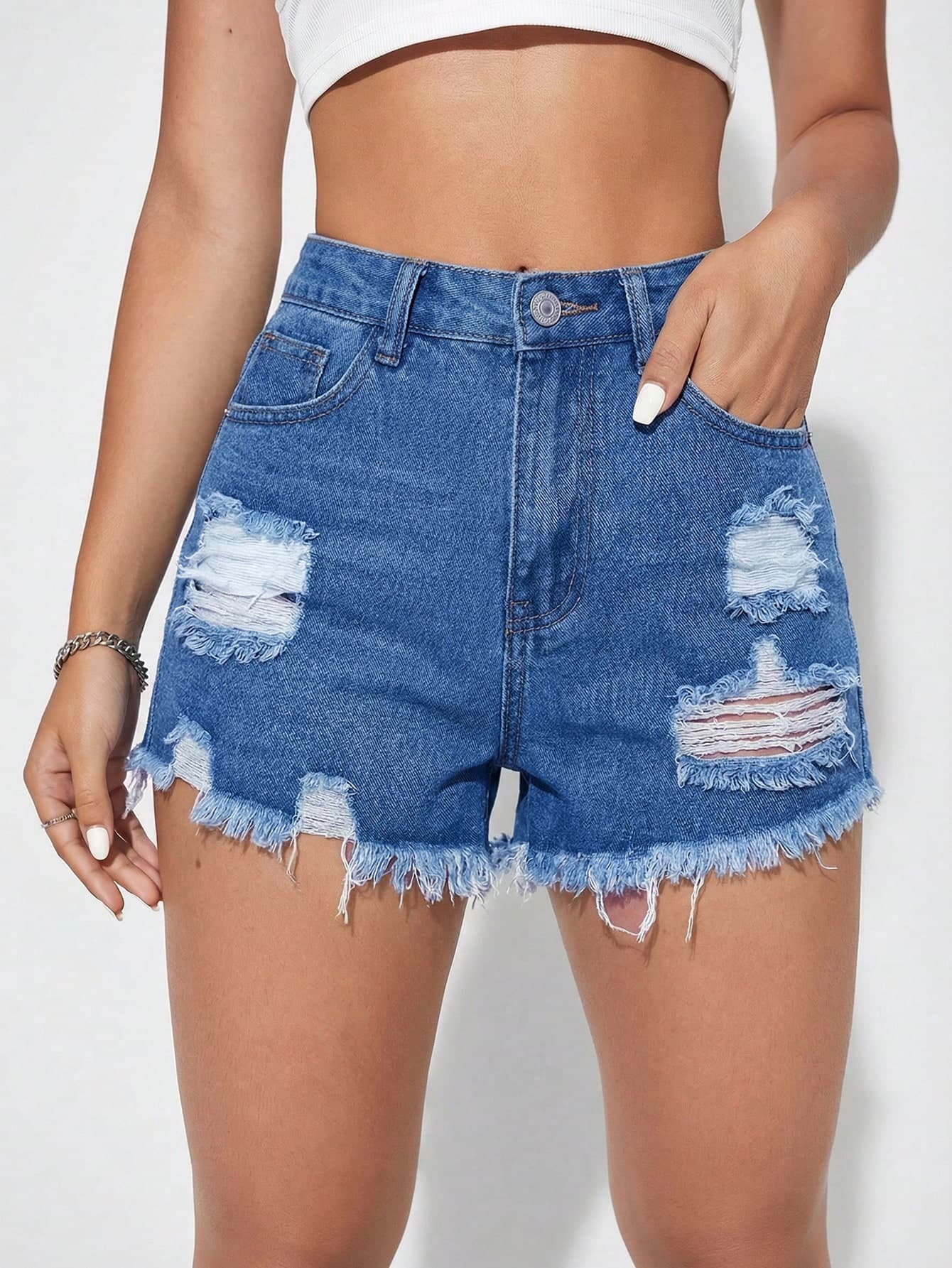 SHEIN ICON Women's Casual Fashion Distressed Frayed Hem Denim Shorts, Suitable For Daily Commute, Summer