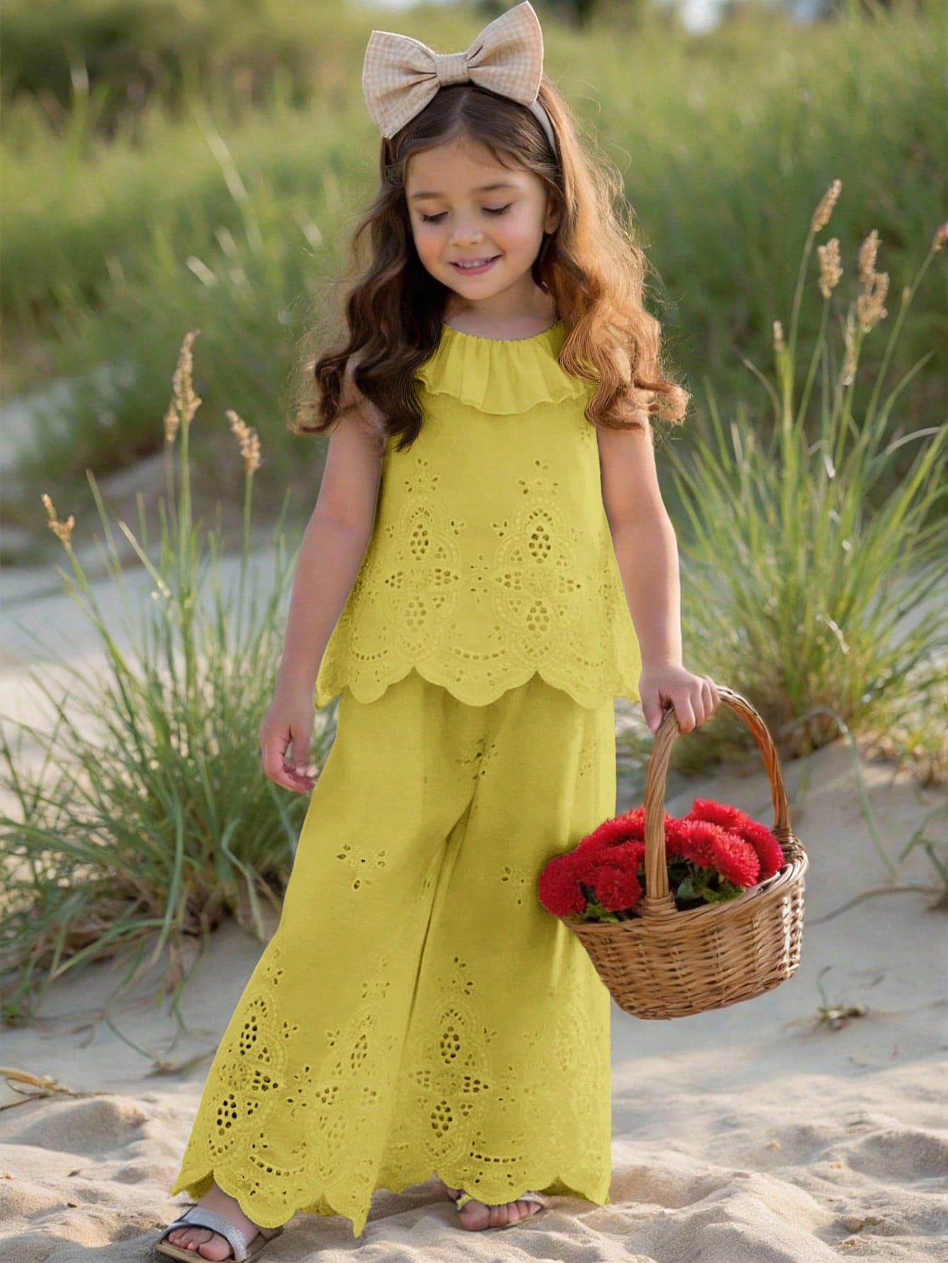 LMoss Kids 2pcs Young Girl Woven Solid Color Embroidered Ruffle Collar Camisole And Long Pants Set