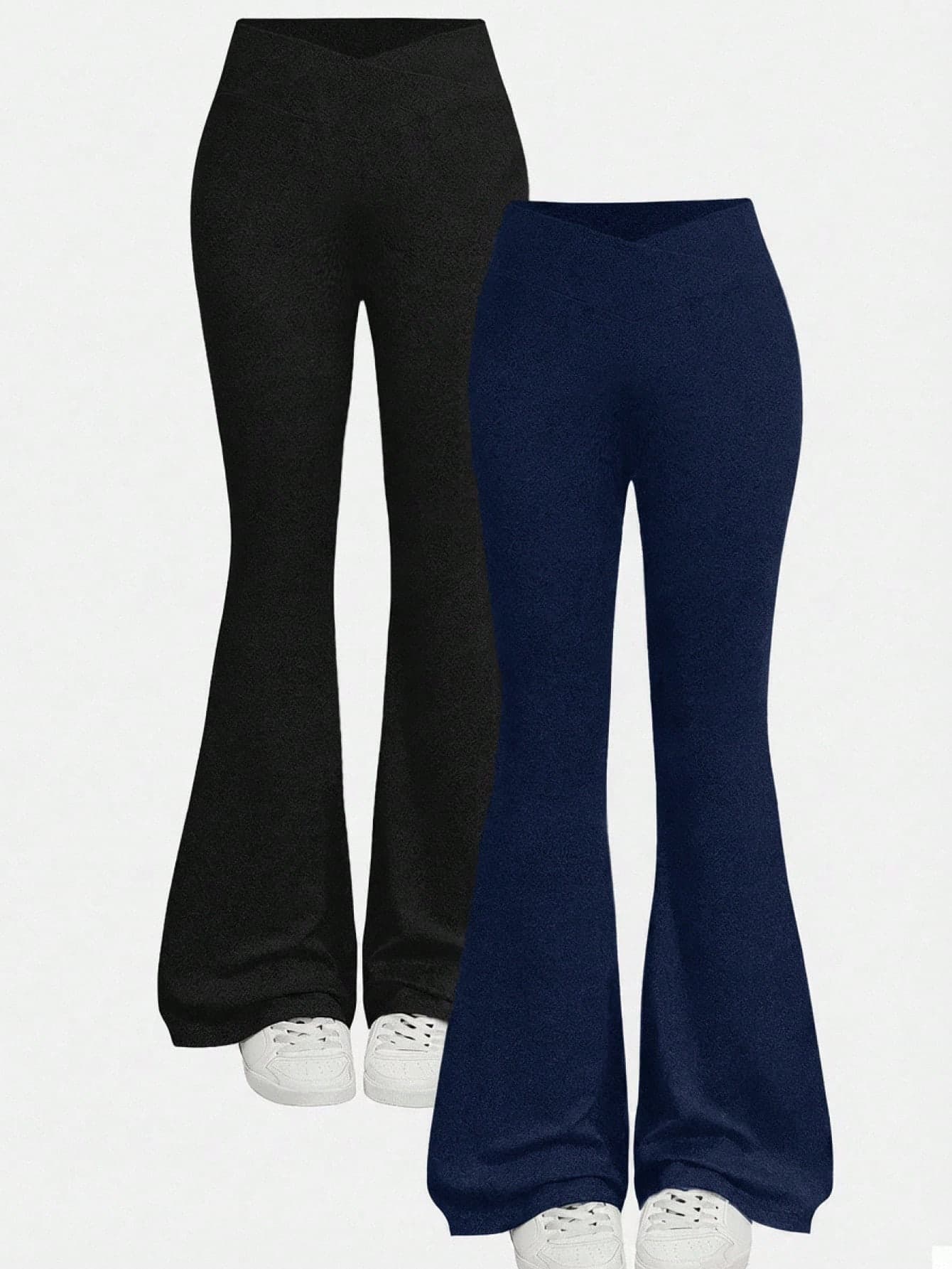 Girlism Teen Girl Teen Girls Leggings Spring Summer New 2pcs Black Navy Blue Knit Solid Color All-Match Base Layer Split Hem Flare Pants, 2-Piece Set With Crossover Waist Design Tight Casual Flare Long Pants, Versatile For Casual Wear And Home