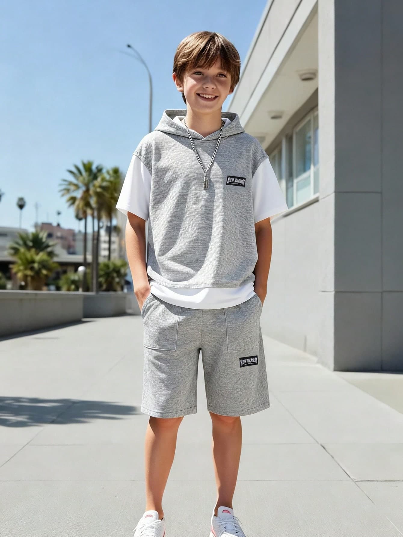 2pcs/Set Teen Boys Casual Minimalist Gray & White Colorblock 2 In 1 Hoodie With 3D Patch Design, Matching Fabric Loose Casual Wide Leg Shorts & T-Shirt Set, Suitable For Daily Commute And Sports Wear